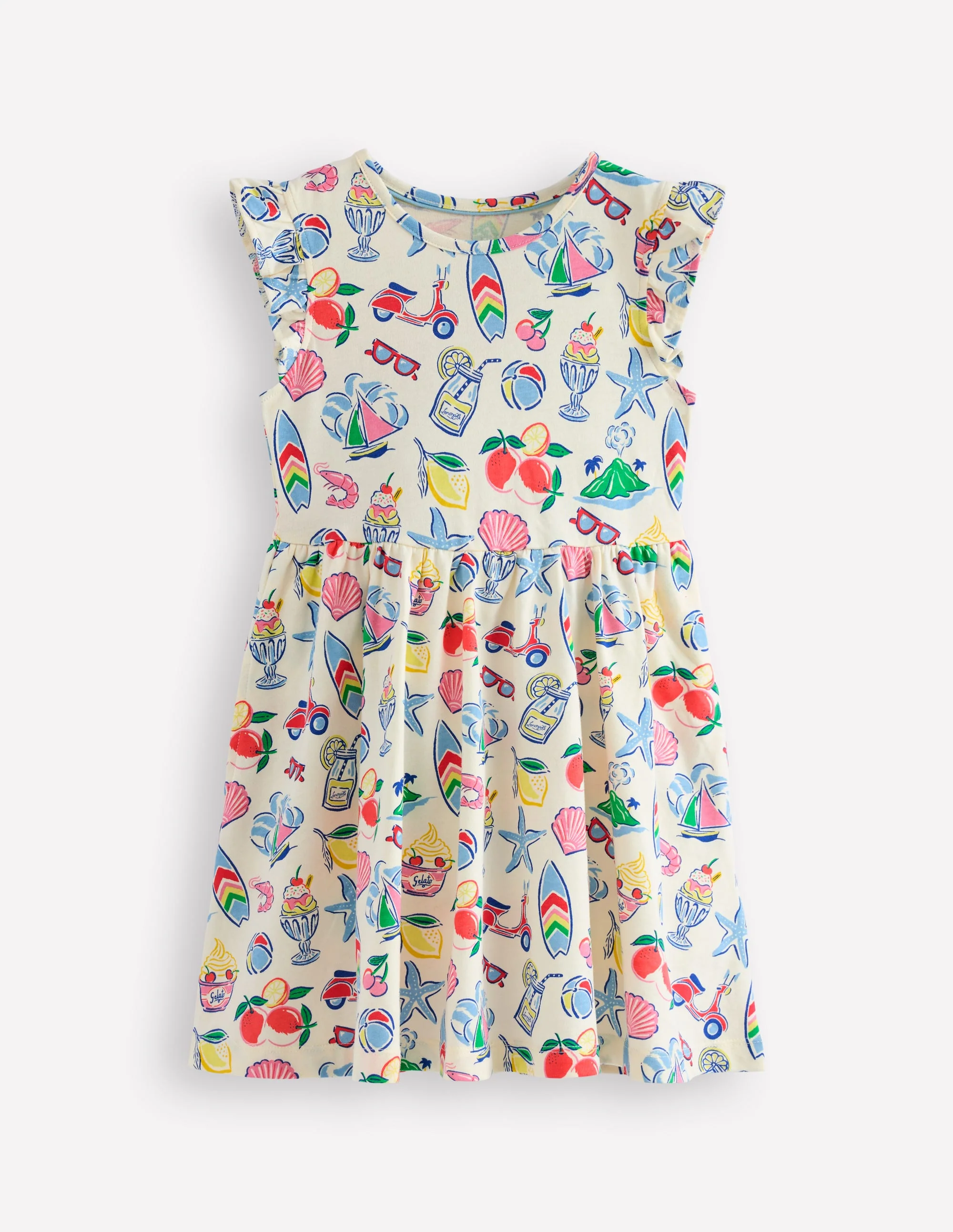 Posie Frill Sleeve Dress-Ivory Holiday Print