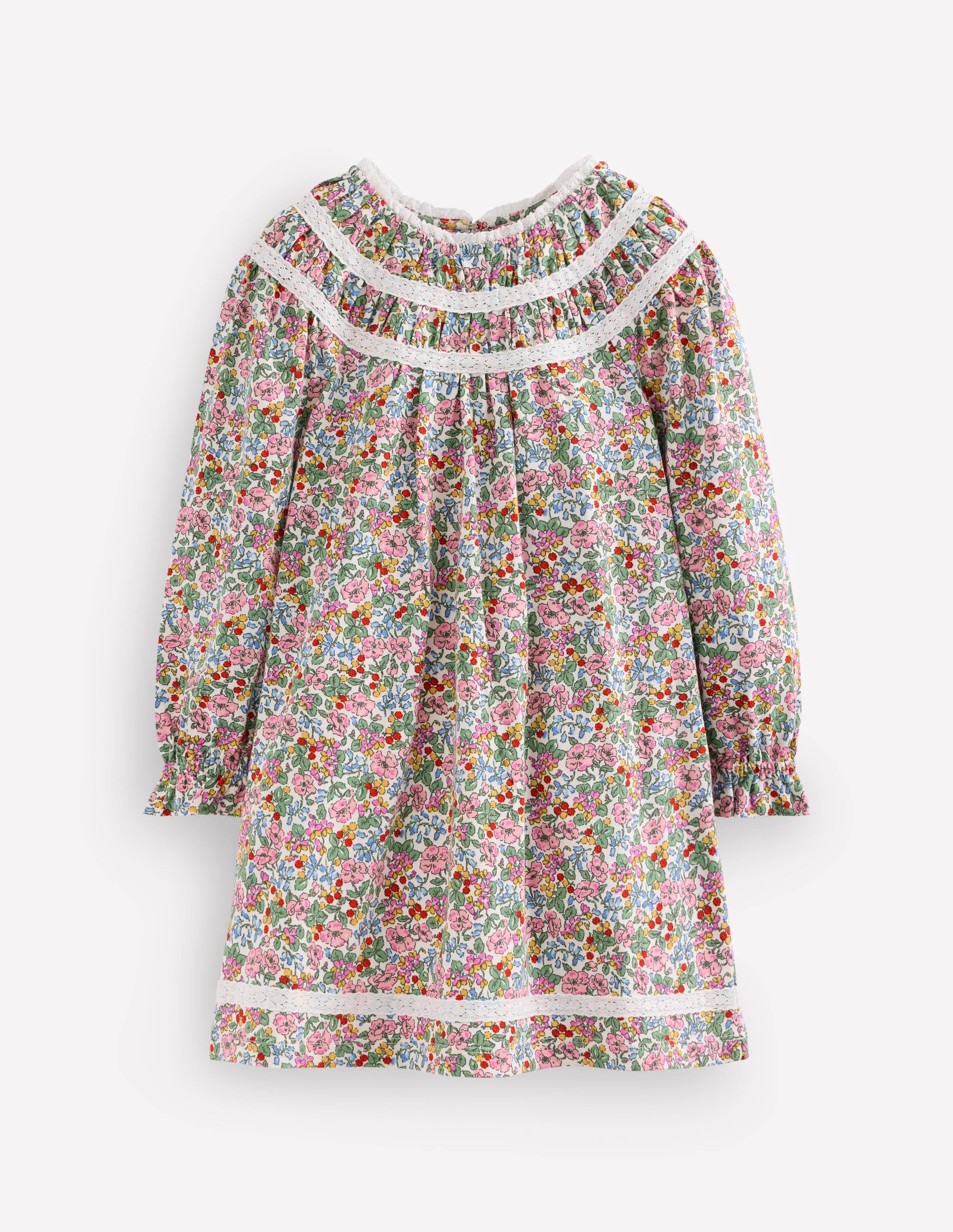Pretty Lace Trim Jersey Dress-Soft Ivory Berry Floral