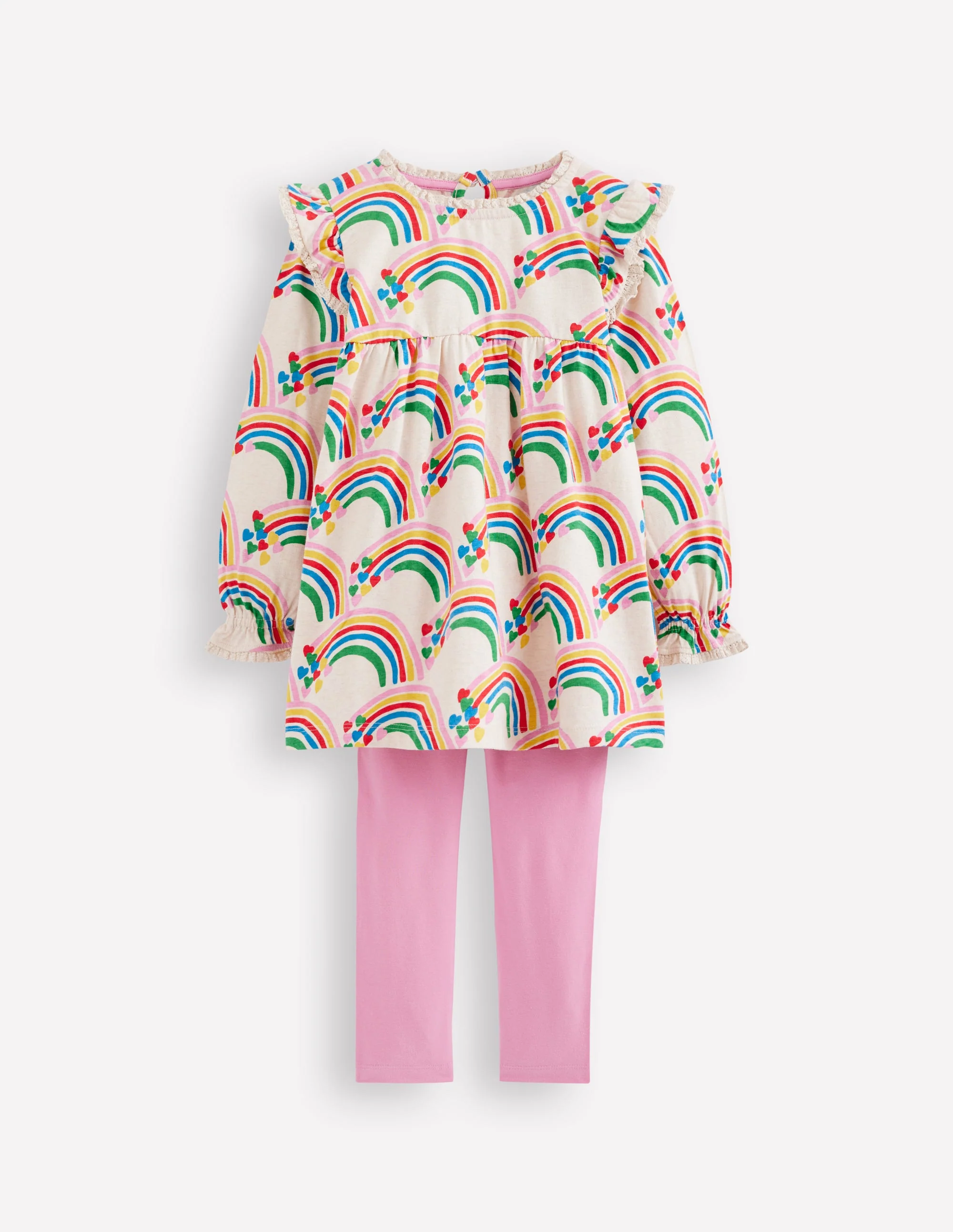 Printed Tunic Set-Oatmeal Marl Rainbow Hearts