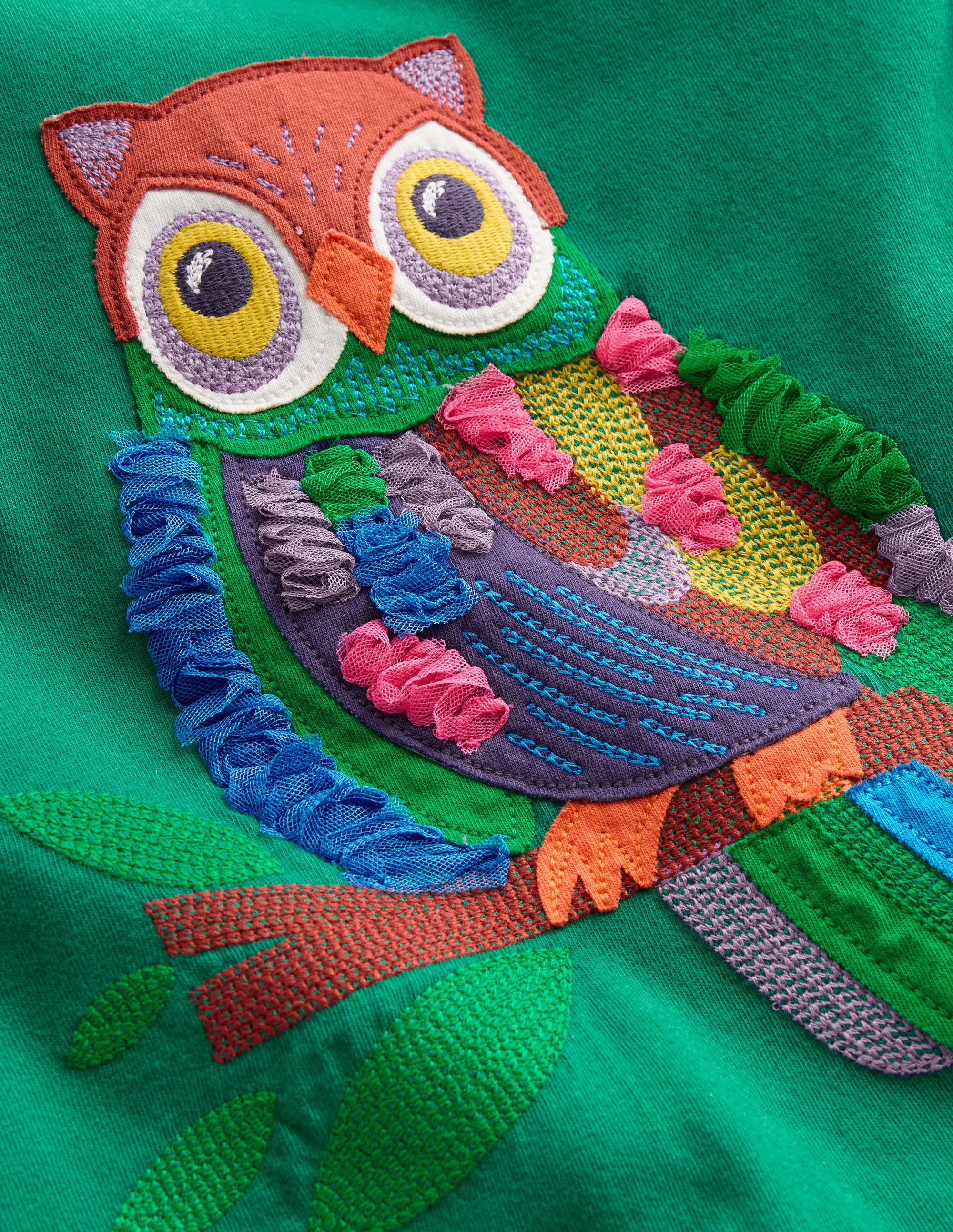 Puff Sleeve Appliqué T-shirt-Green Owl - Image 3