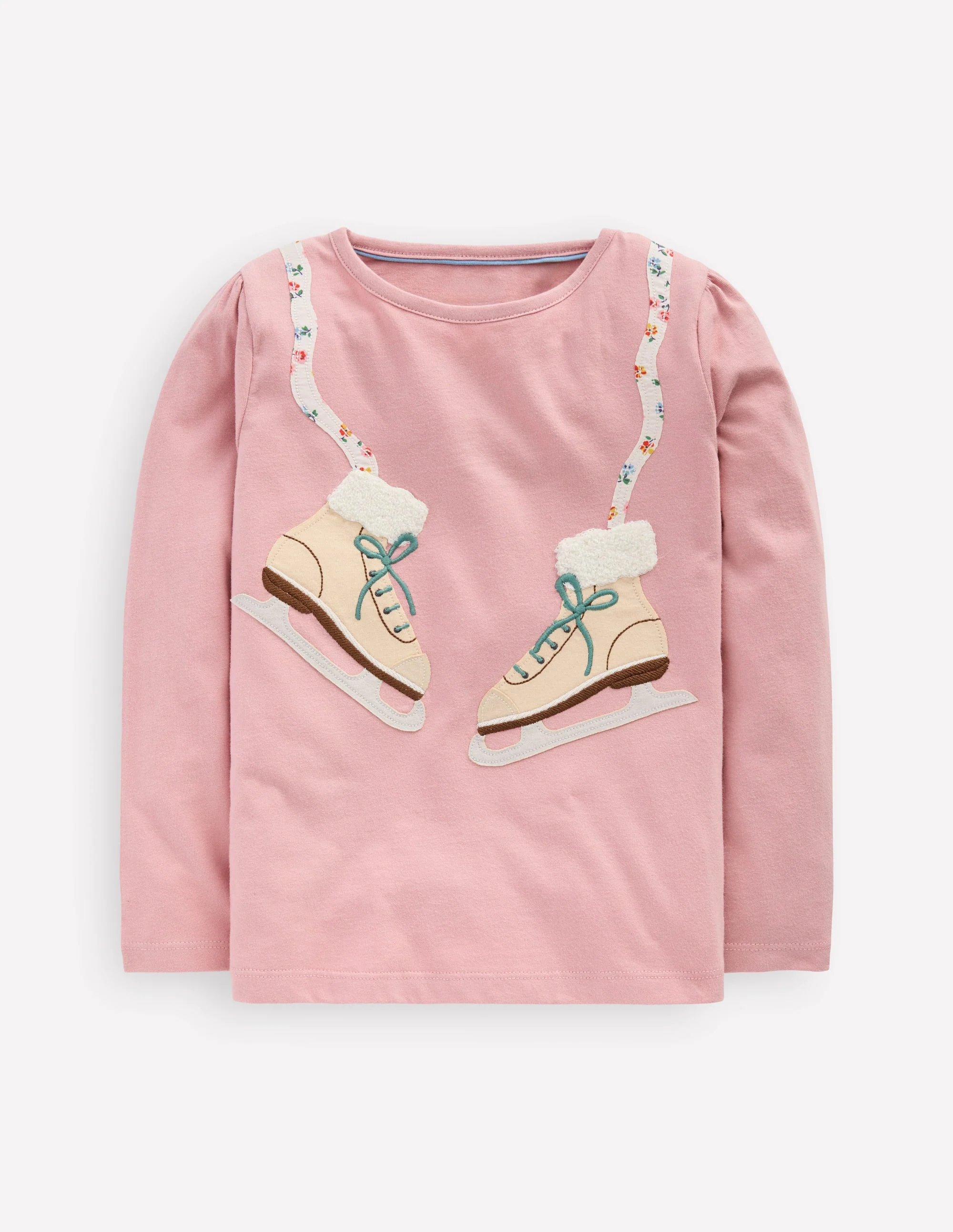 Puff Sleeve Appliqué T-shirt-Vintage Pink Skates