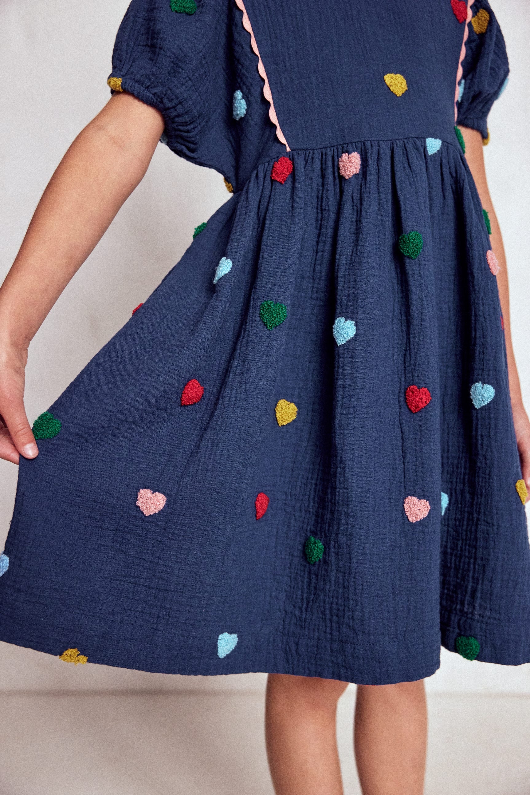 Puff Sleeve Double Cloth Dress-Starboard Blue Hearts - Image 4