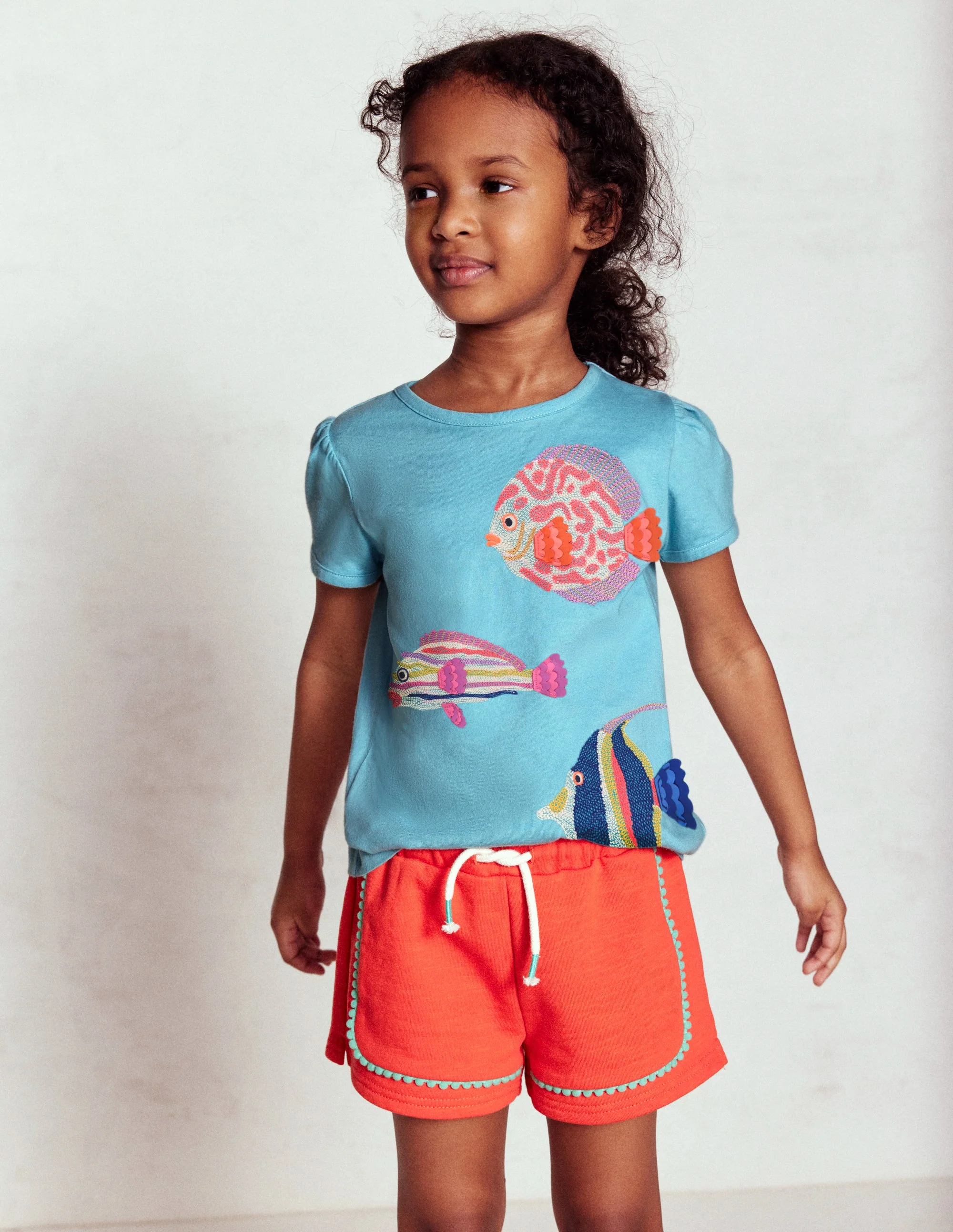 Puff Sleeve Superstitch Top-Aqua Sea Blue Fish - Image 6