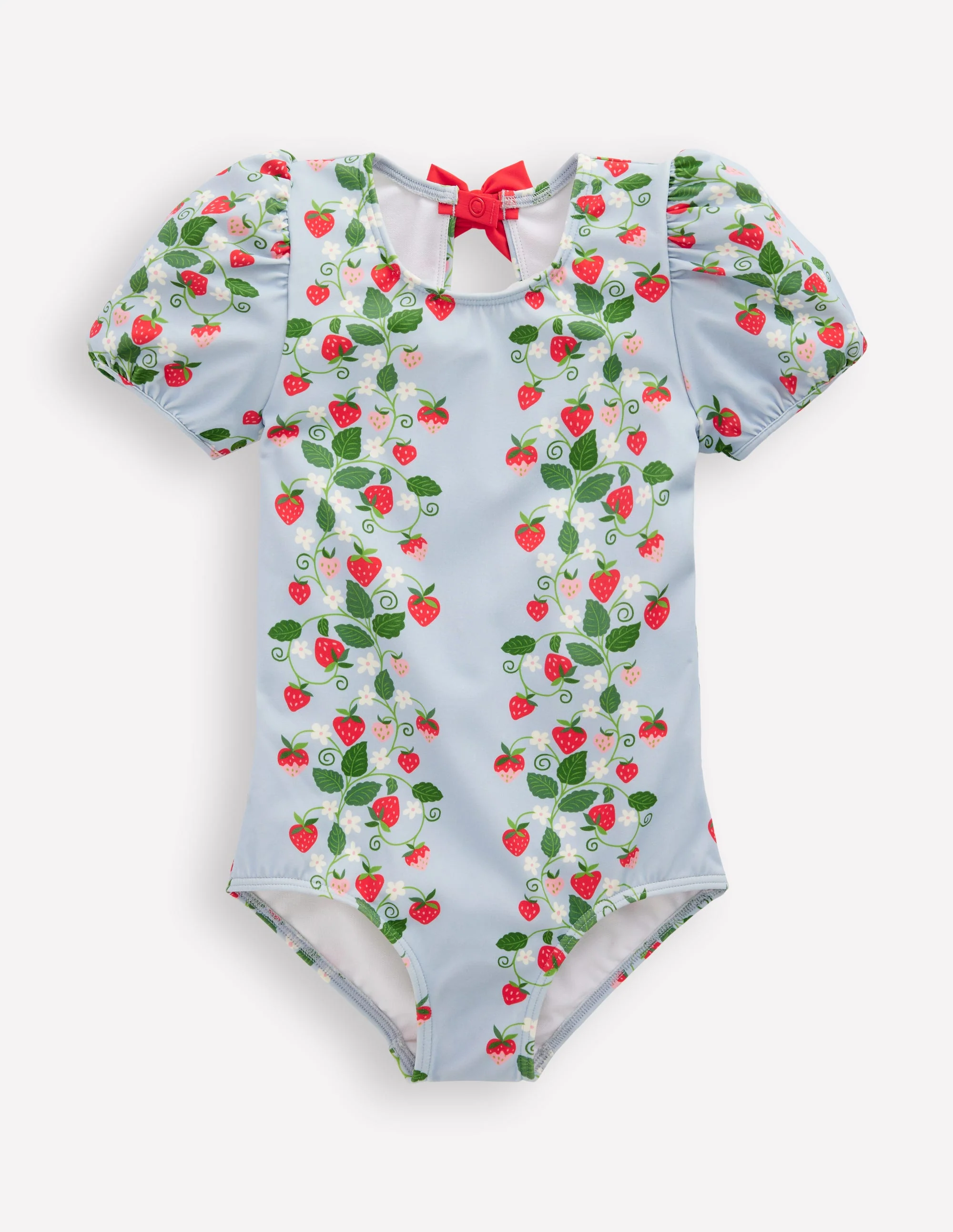 Puff Sleeve Swimsuit-Misty Blue Strawberry Vine