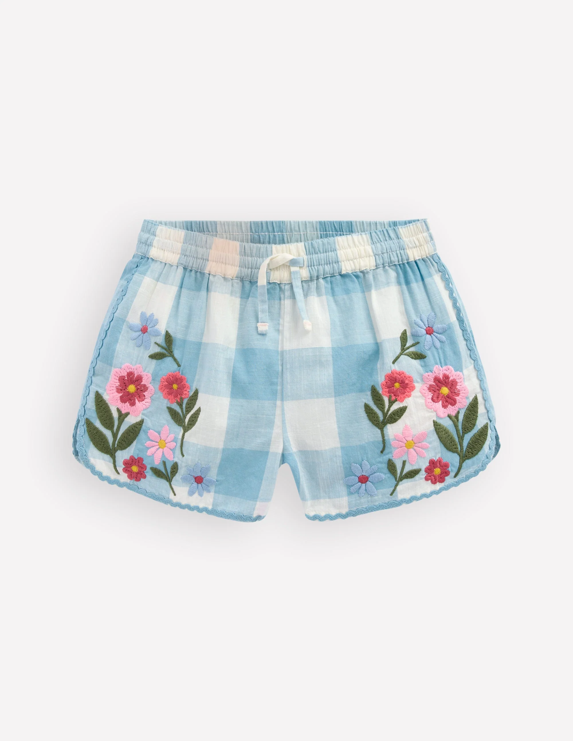 Pull-on Woven Shorts-Blue Gingham Embroidery