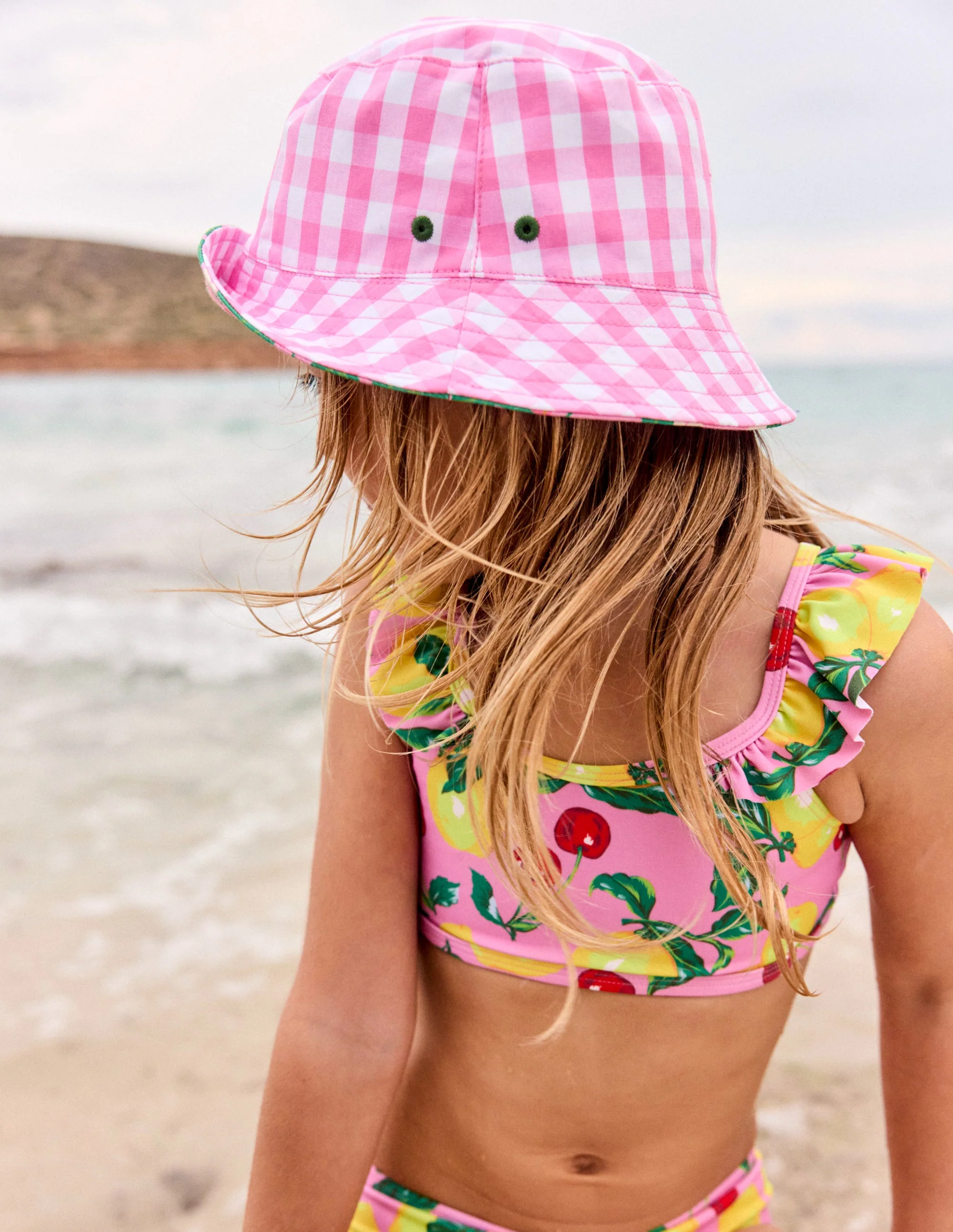 Reversible Bucket Hat-Pink Strawberry Gingham