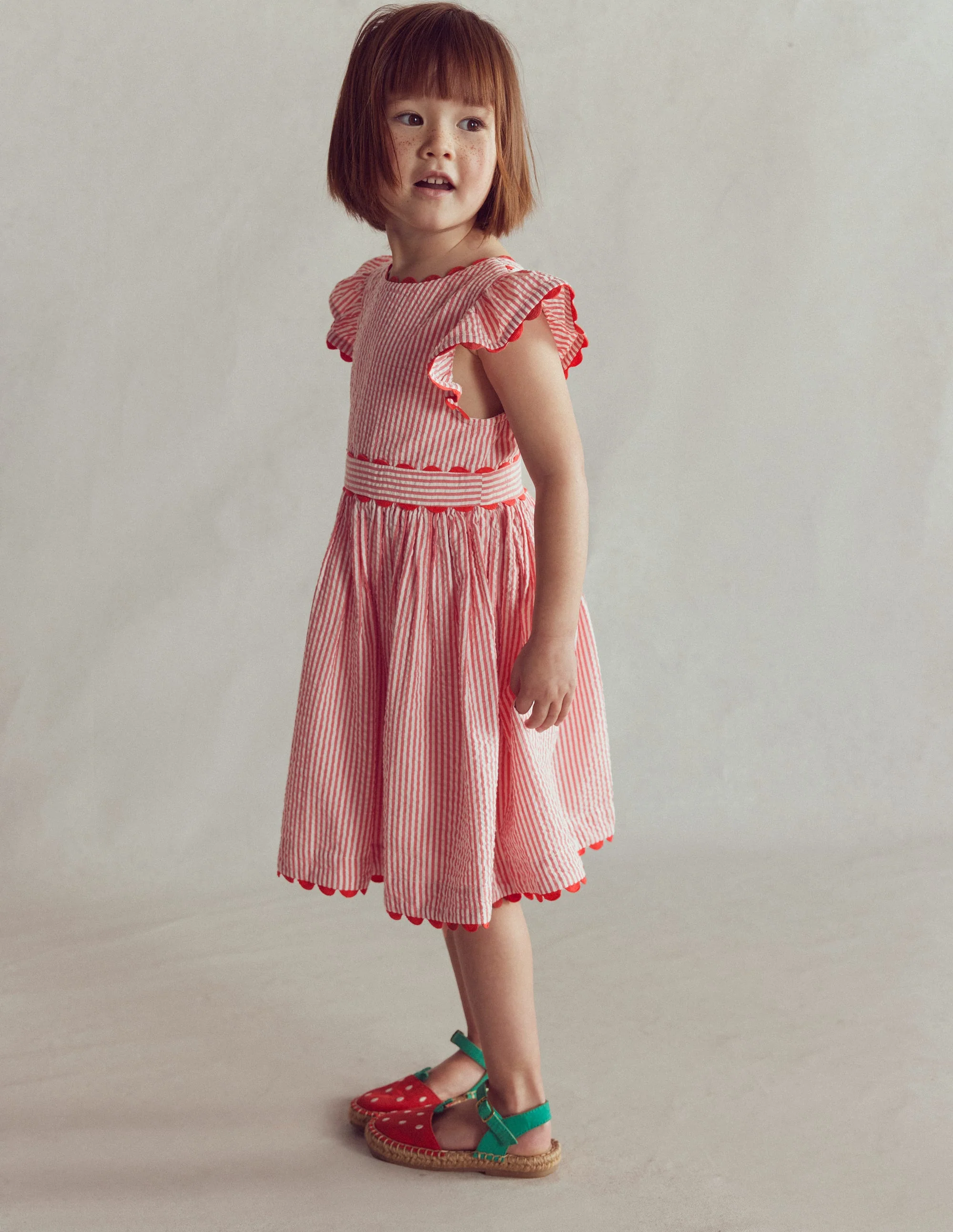 Ric Rac Trim Flutter Dress-Red Stripe
