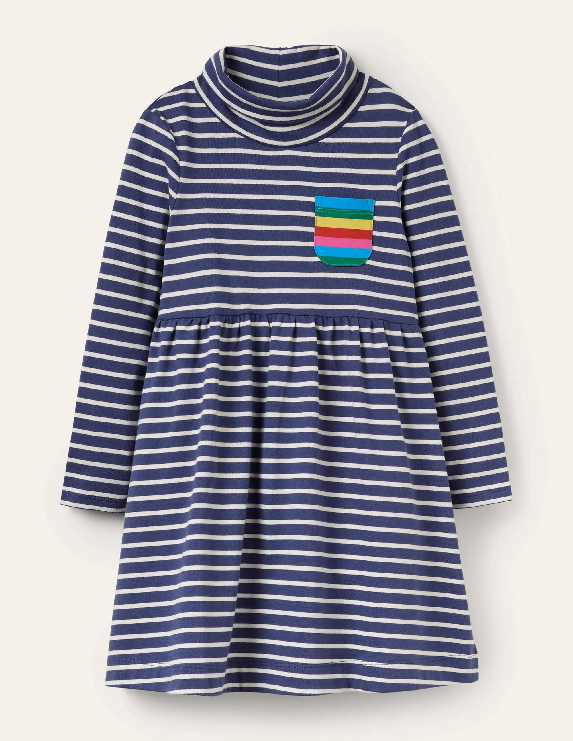 Roll Neck Supersoft Dress-Starboard Blue/ Ivory