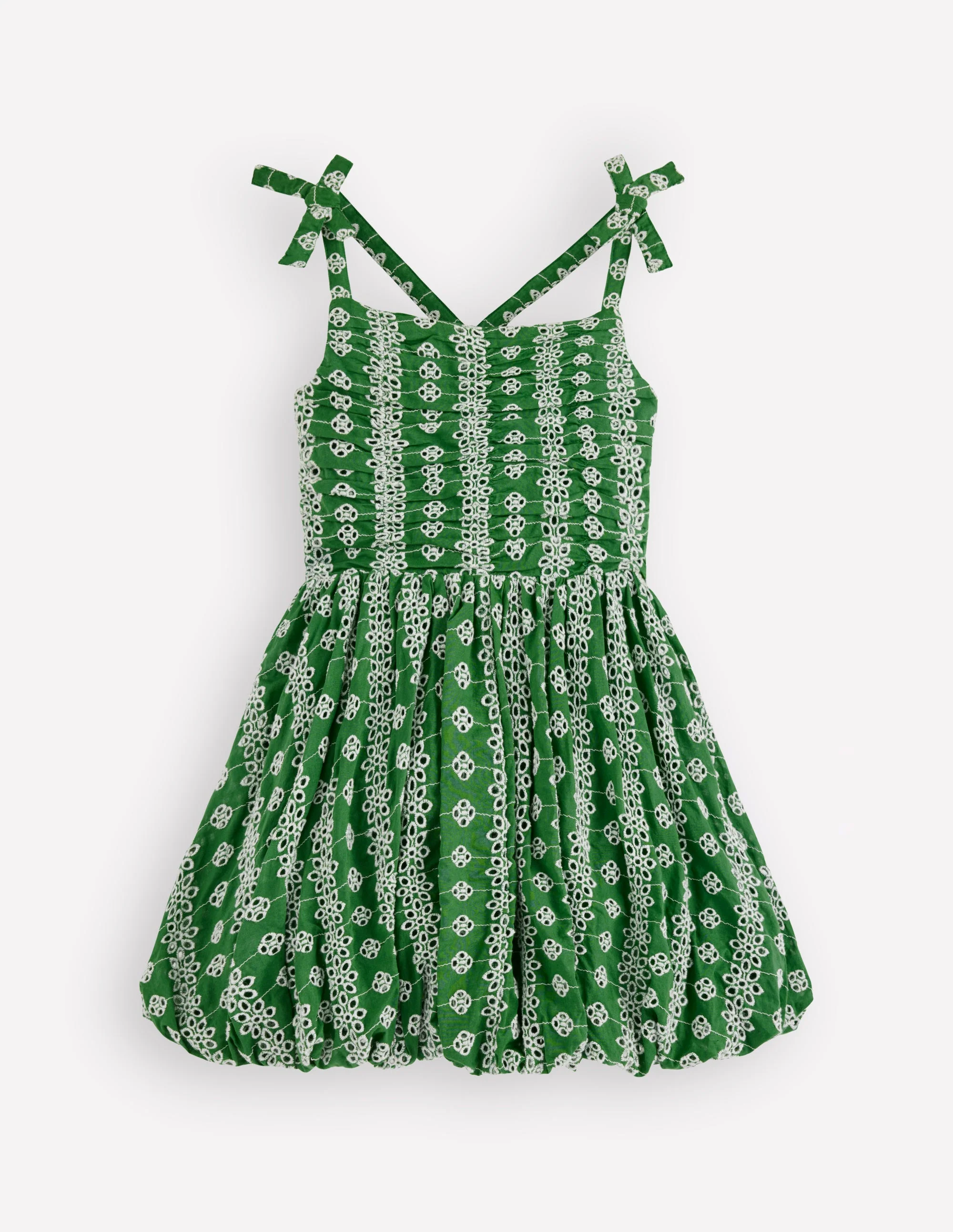 Ruched Bodice Bubble Dress-Green Broderie
