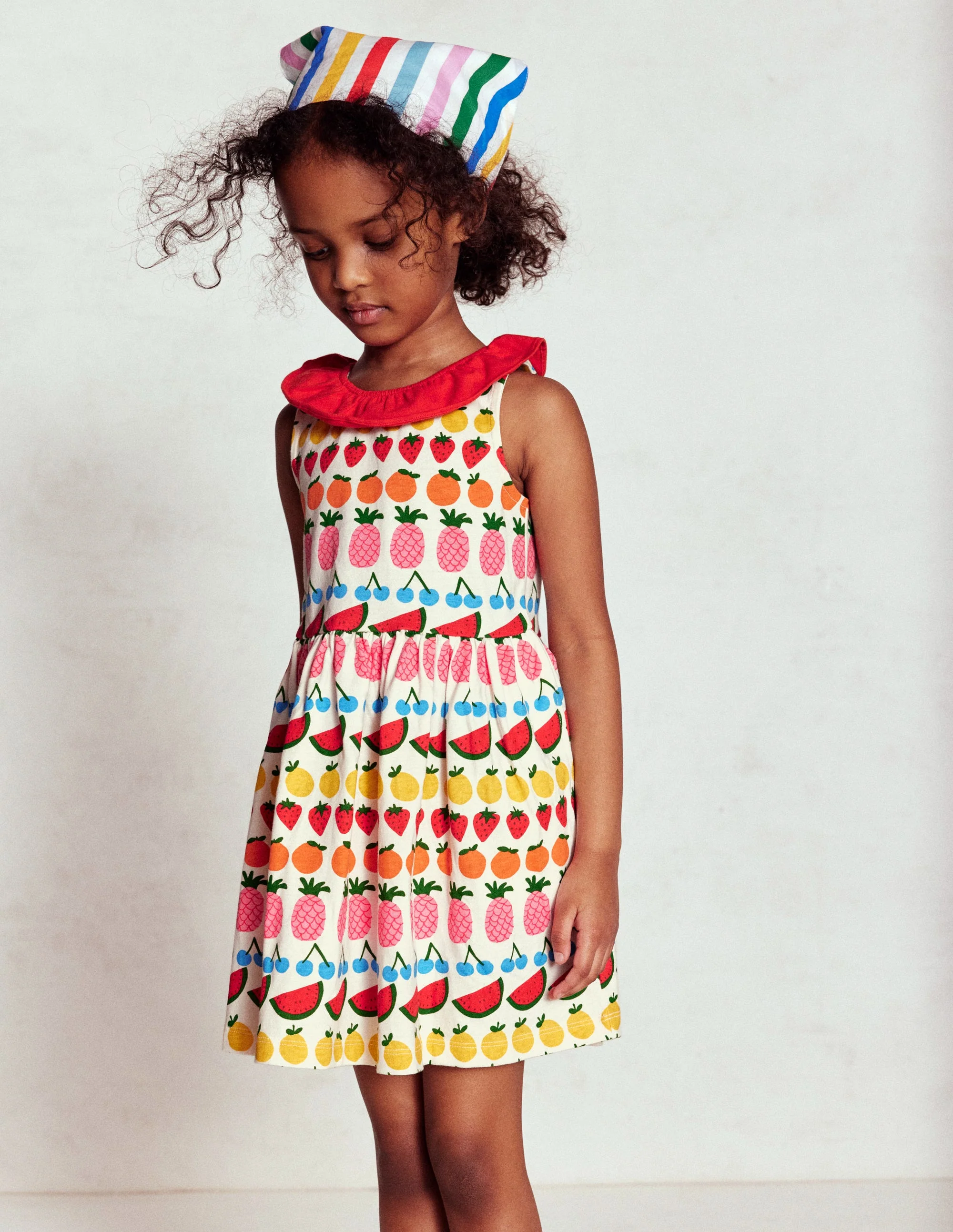Ruffle Neck Jersey Dress-Ivory Fruit Stripe - Image 7