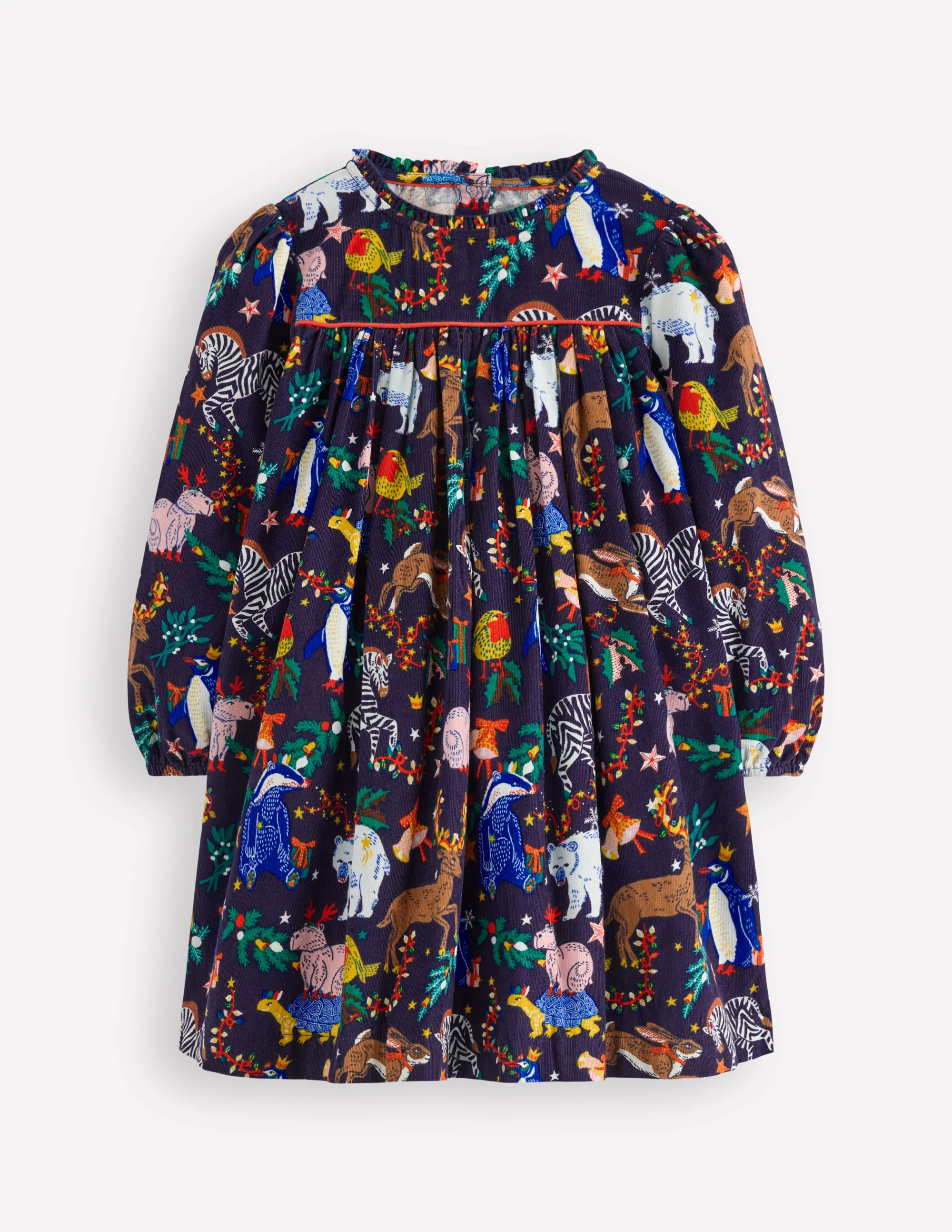 Ruffle Neck Woven Dress-College Navy Christmas Party