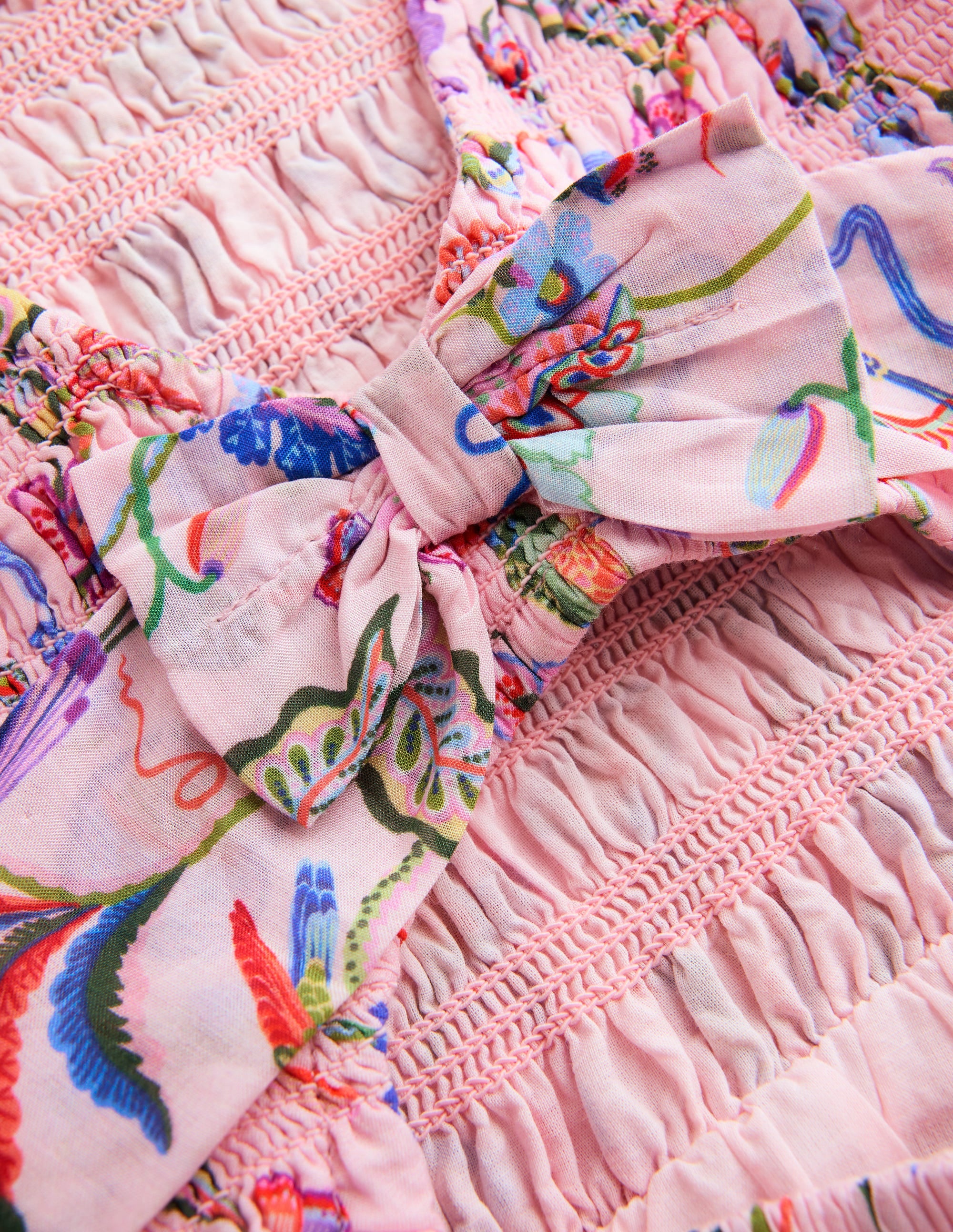 Shirred Embroidered Bow Dress-Multi Pink Floral - Image 3