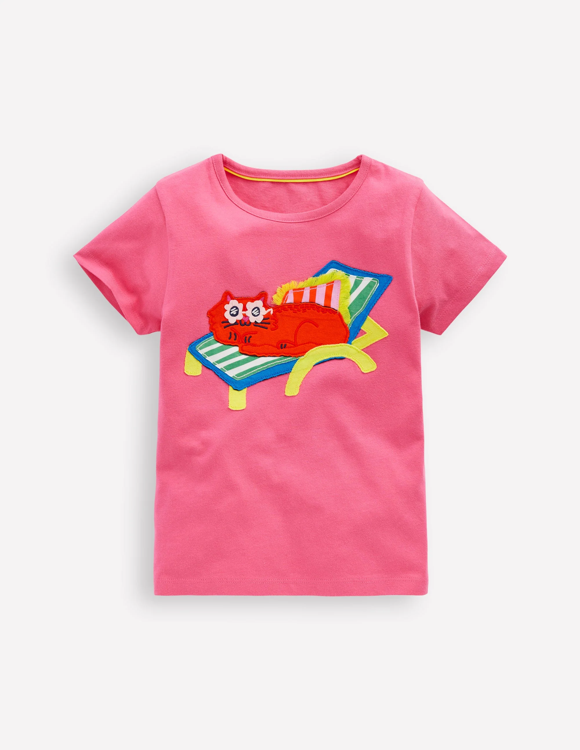 Short Sleeve Appliqué T-shirt-Rose Petal Pink Cat - Image 3