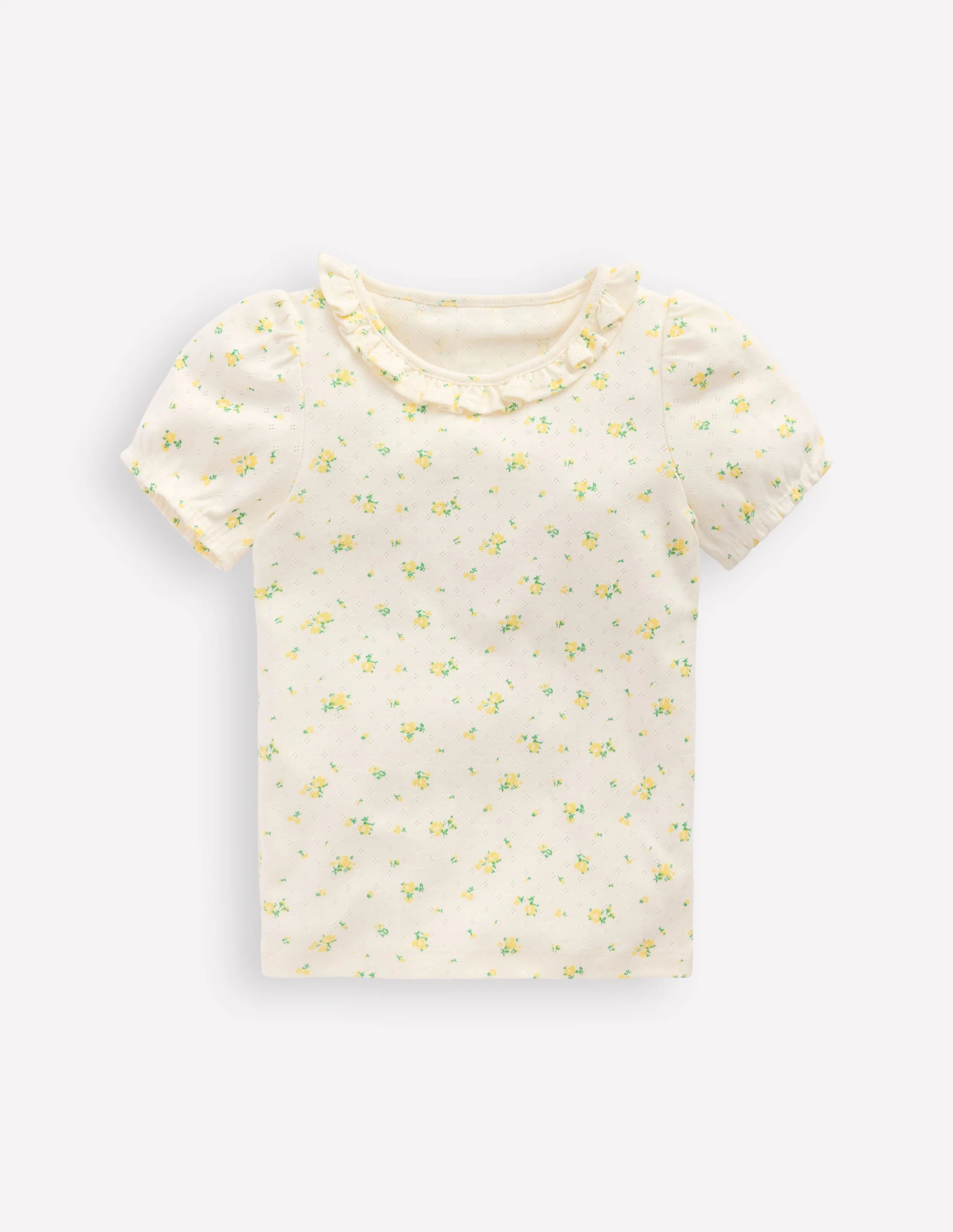 Short-sleeved Ruffle Pointelle-Rosebud Floral
