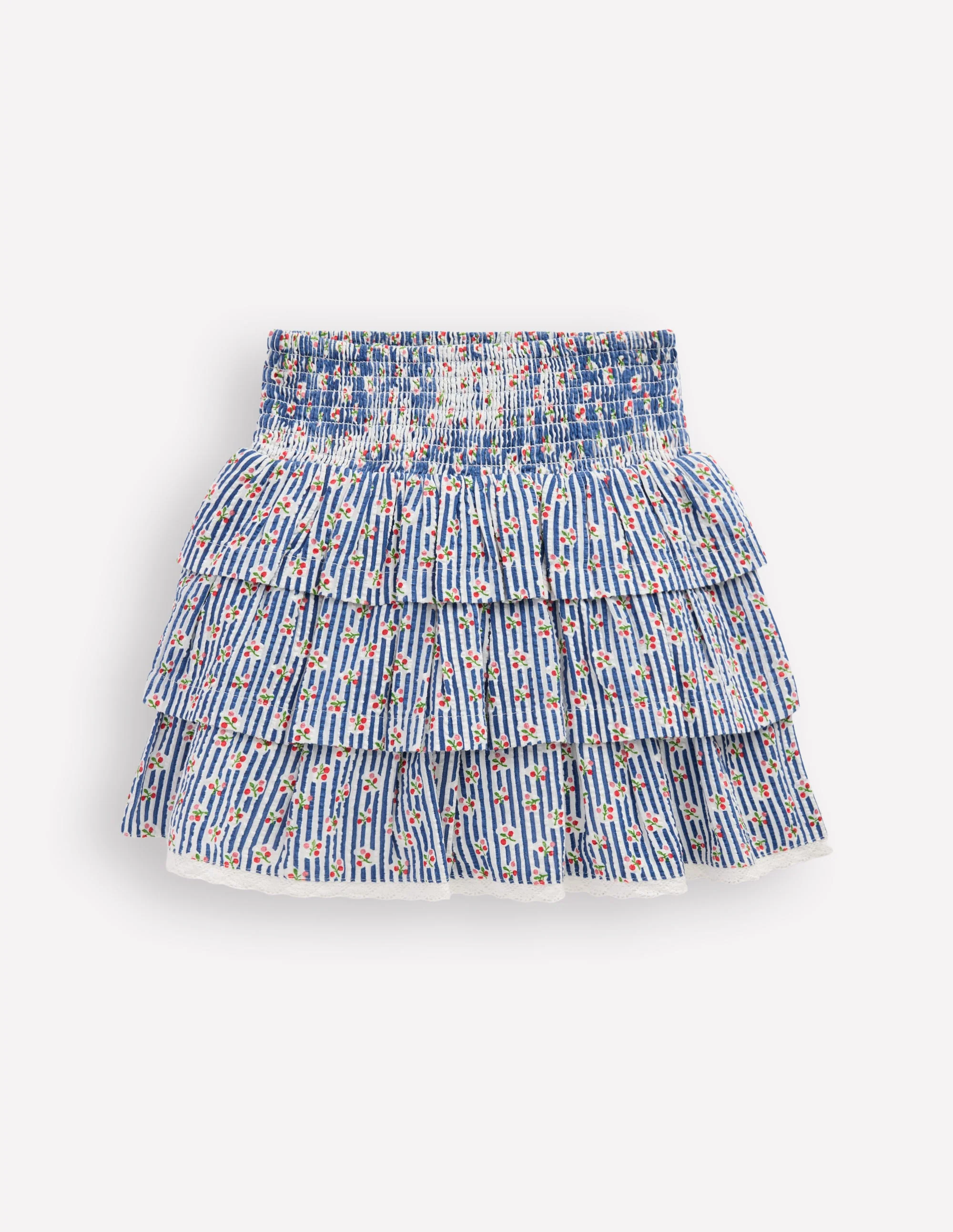 Smocked Waist Ruffle Skirt-Bluejay Cherry Stripe
