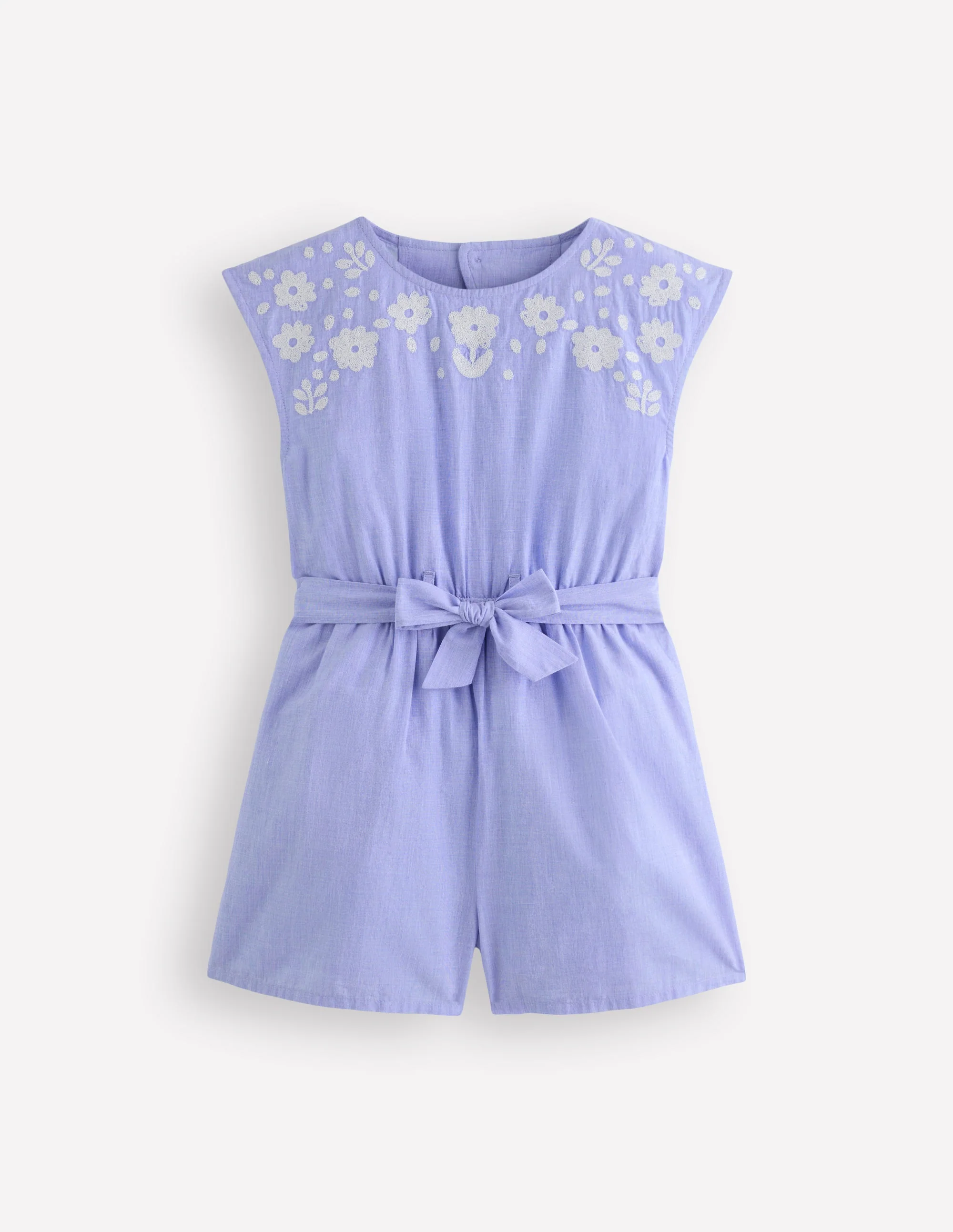 Tie Waist Woven Playsuit-Denim Embroidery