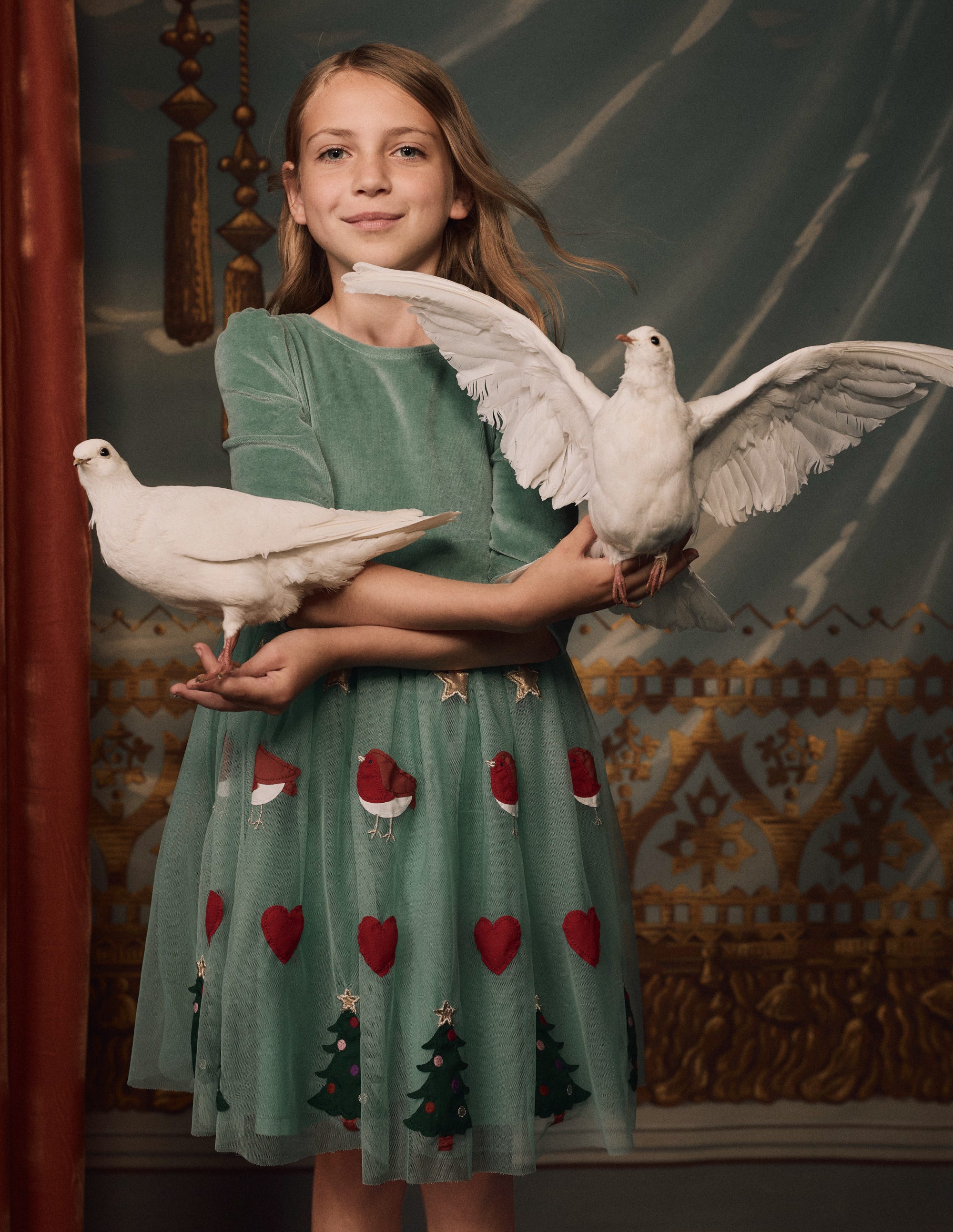 Velour Tulle Appliqué Dress-Robin Motif - Image 4