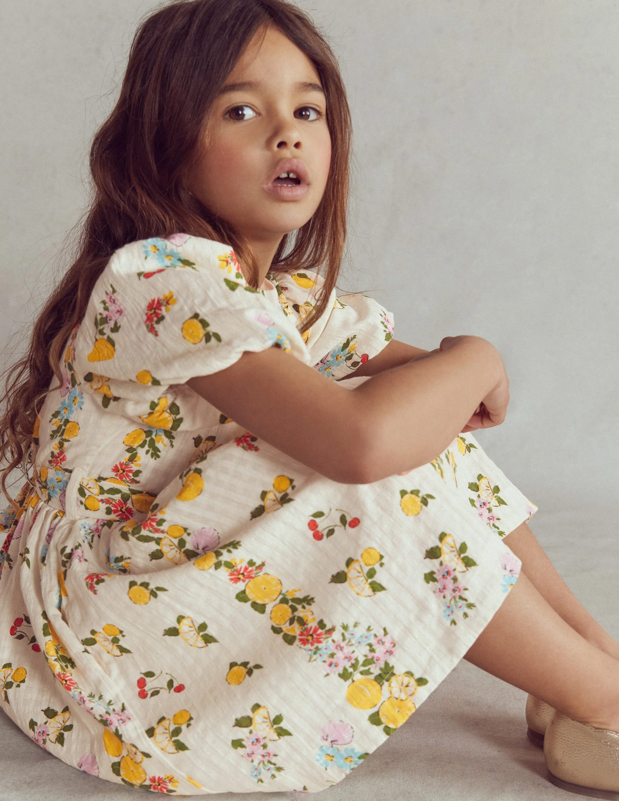 Vintage-style Sash Dress-Soft Ivory Lemon Floral - Image 4