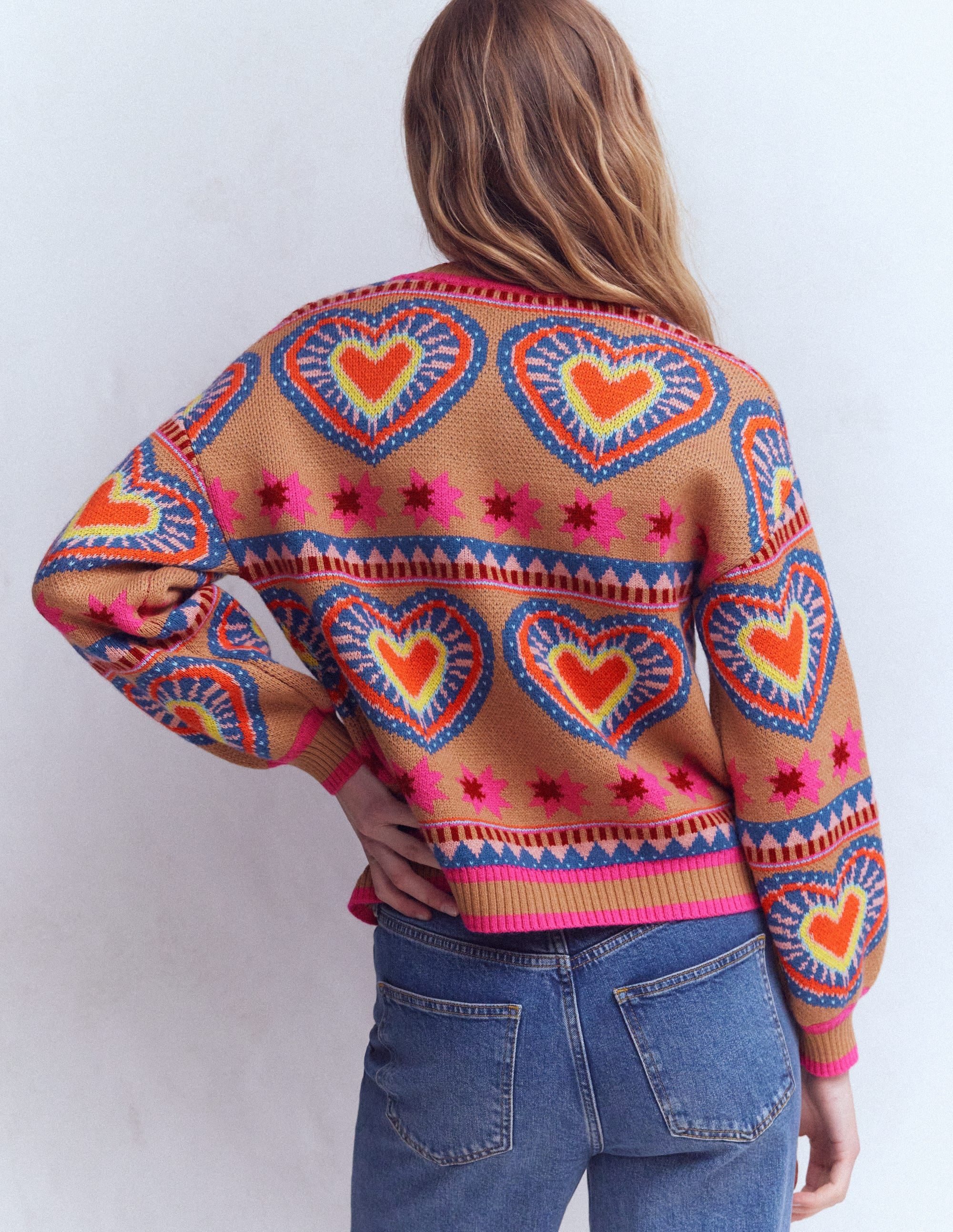 Abi Jacquard Cardigan-Camel Melange, Hearts - Image 3