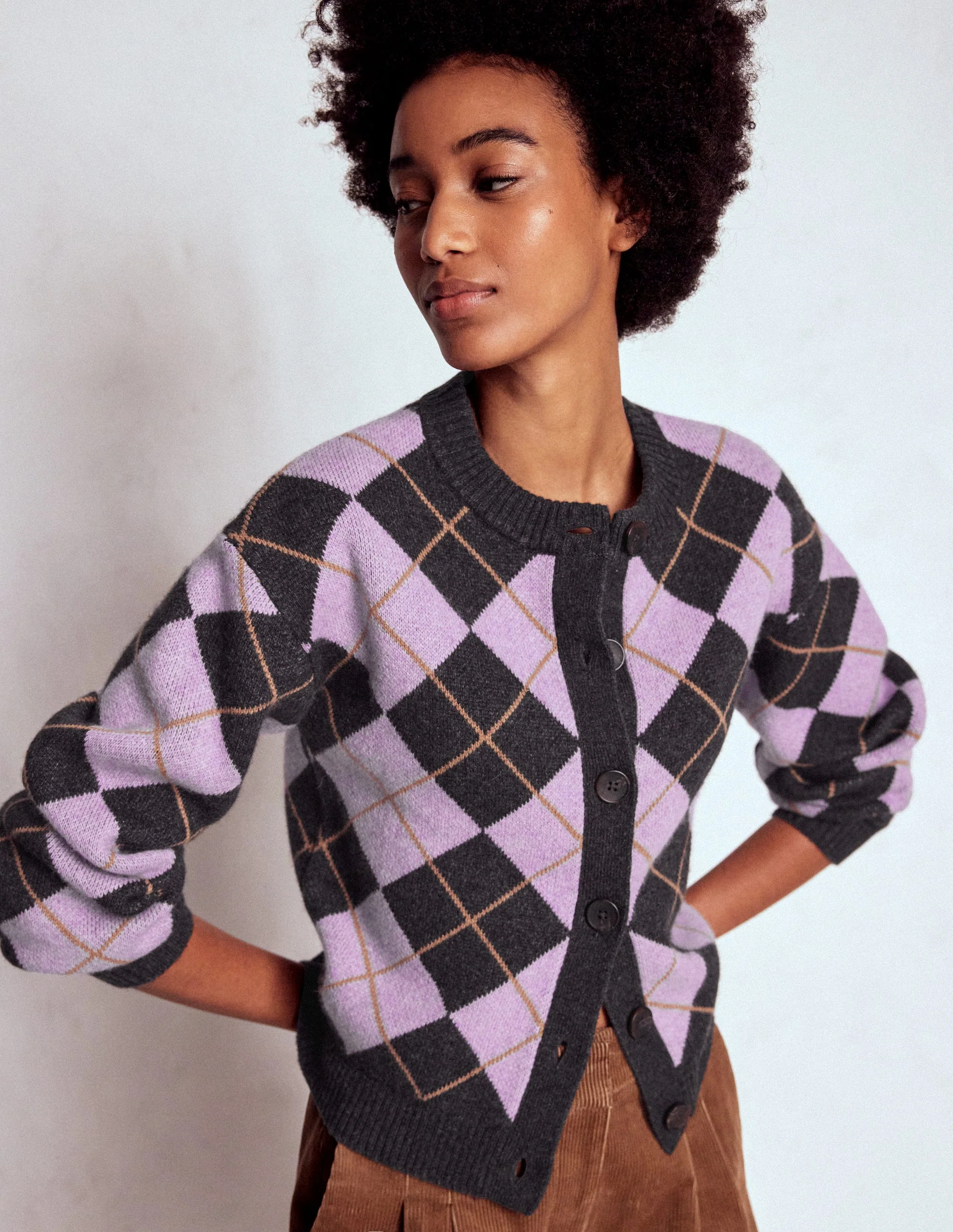 Abi Jacquard Cardigan-Lilac, Charcoal Melange Argyle