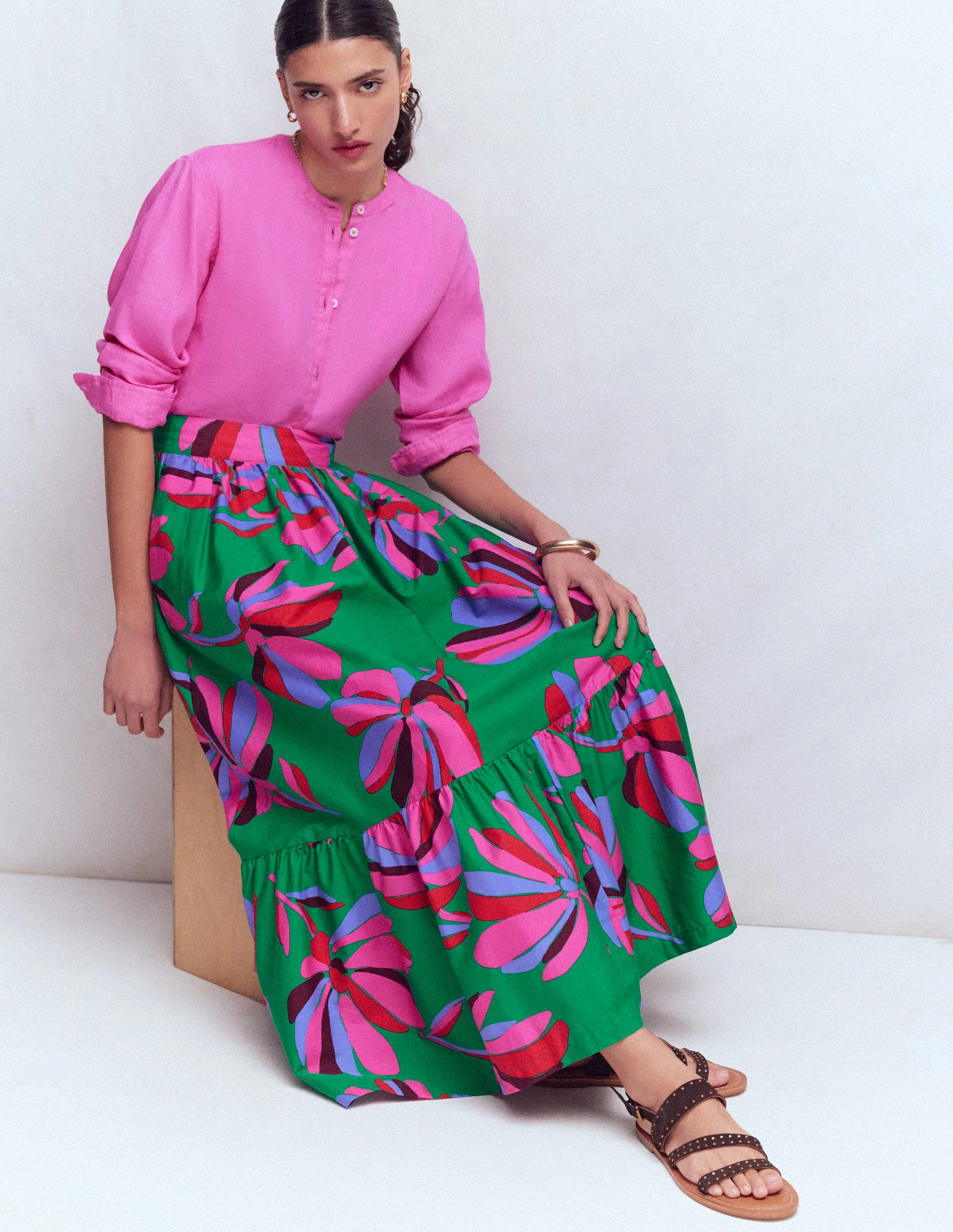 Abigail Poplin Maxi Skirt-Green, Daisy Cascade - Image 6