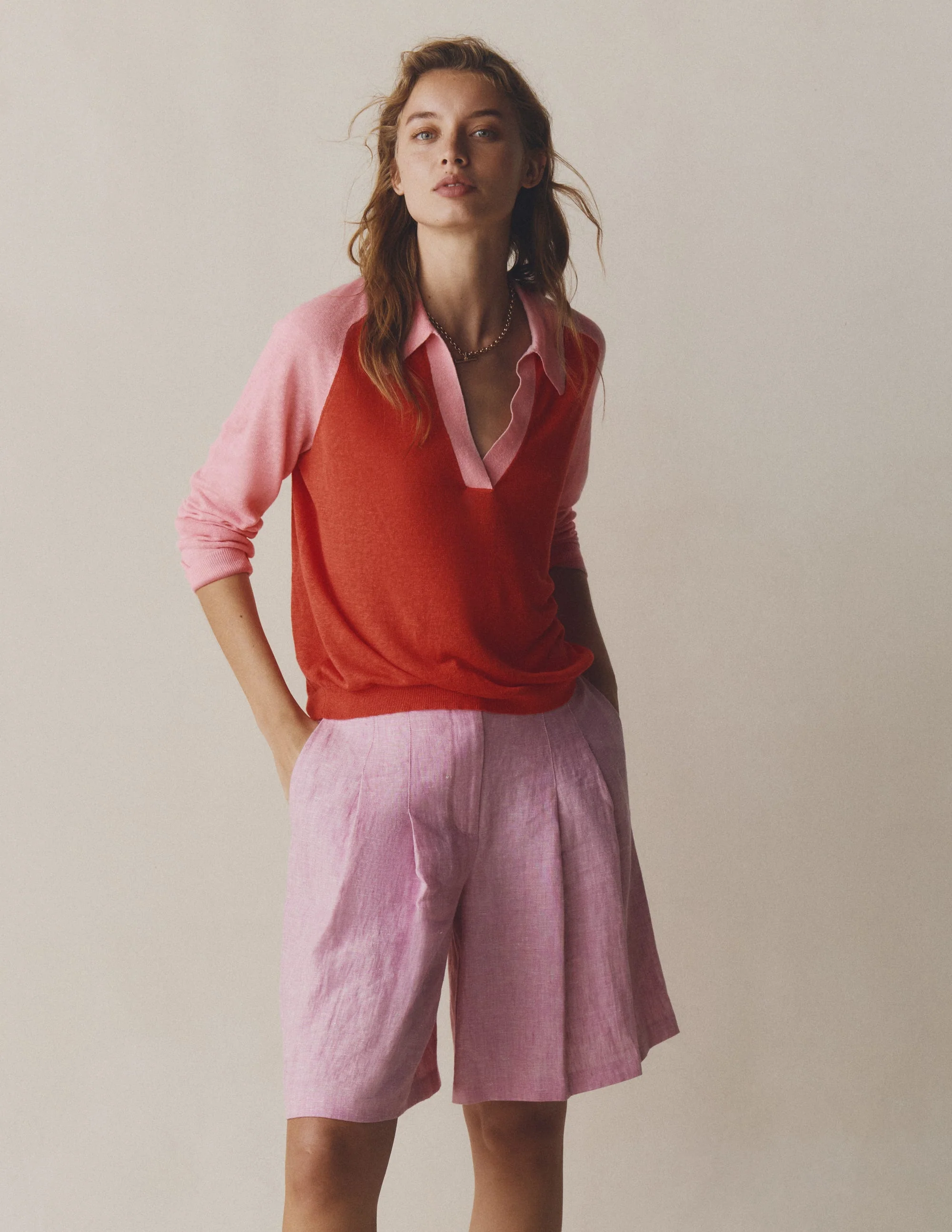 Agnes Collared Linen Jumper-Sunkissed Coral / Formica Pink - Image 8