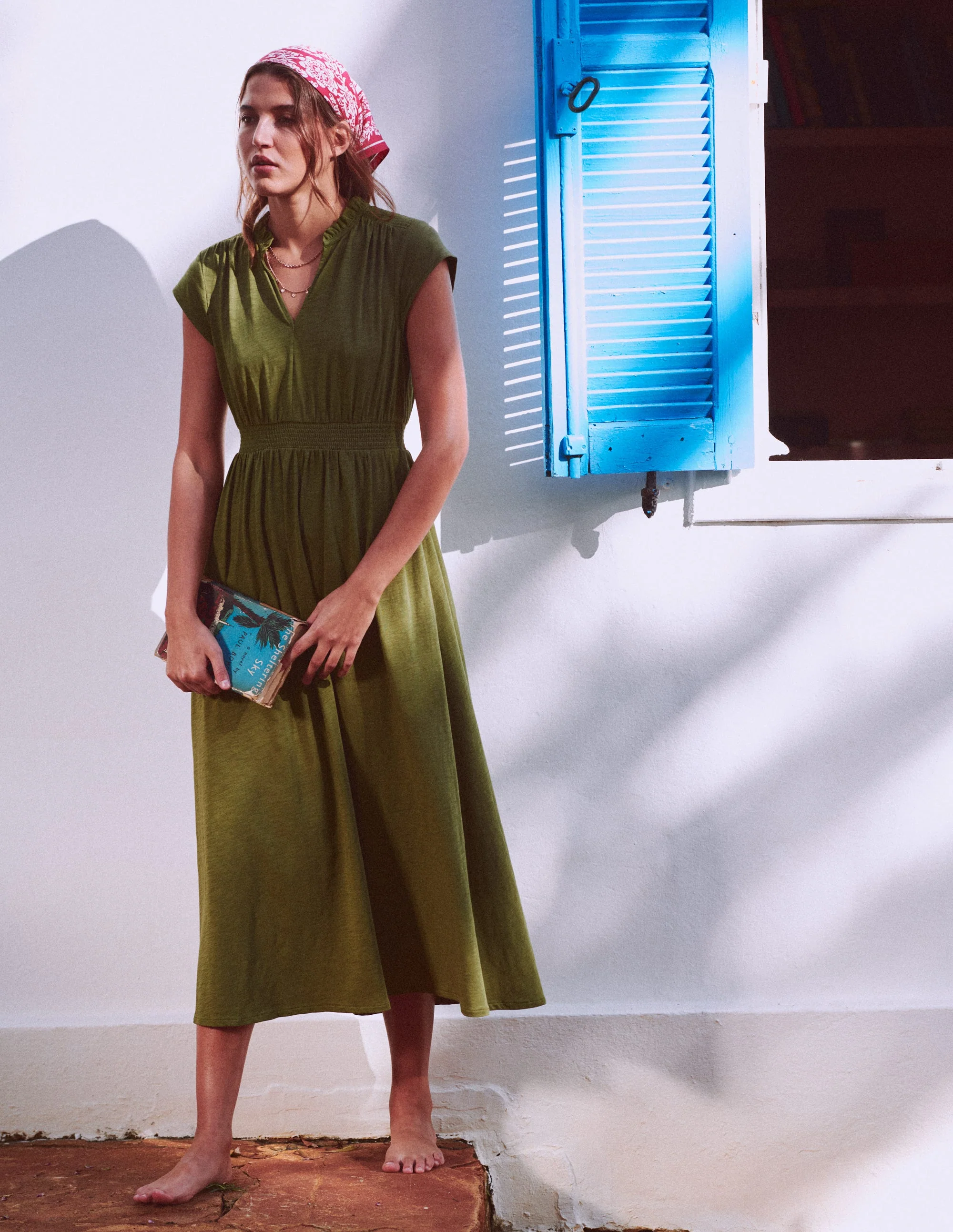 Alba Smocked Jersey Midi Dress-Olive - Image 5