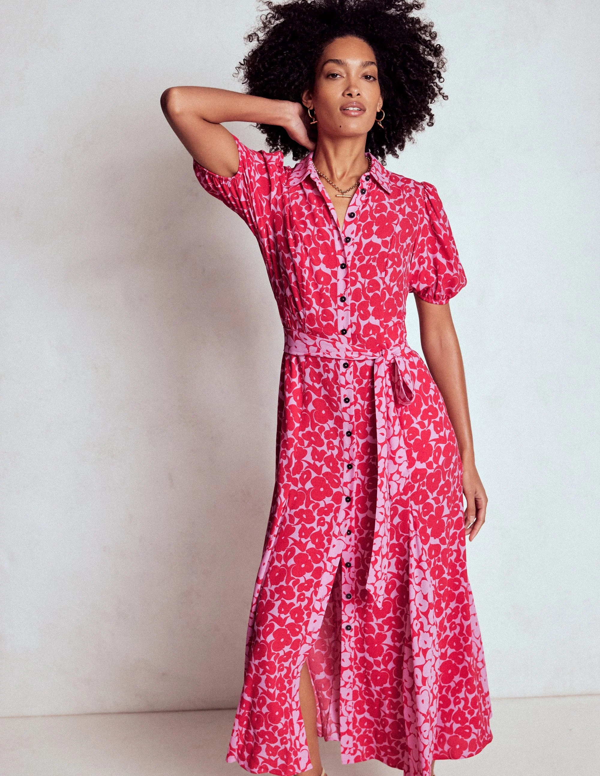 Alegra Midi Shirt Dress-Jewel Red, Leafy Grove - Image 3