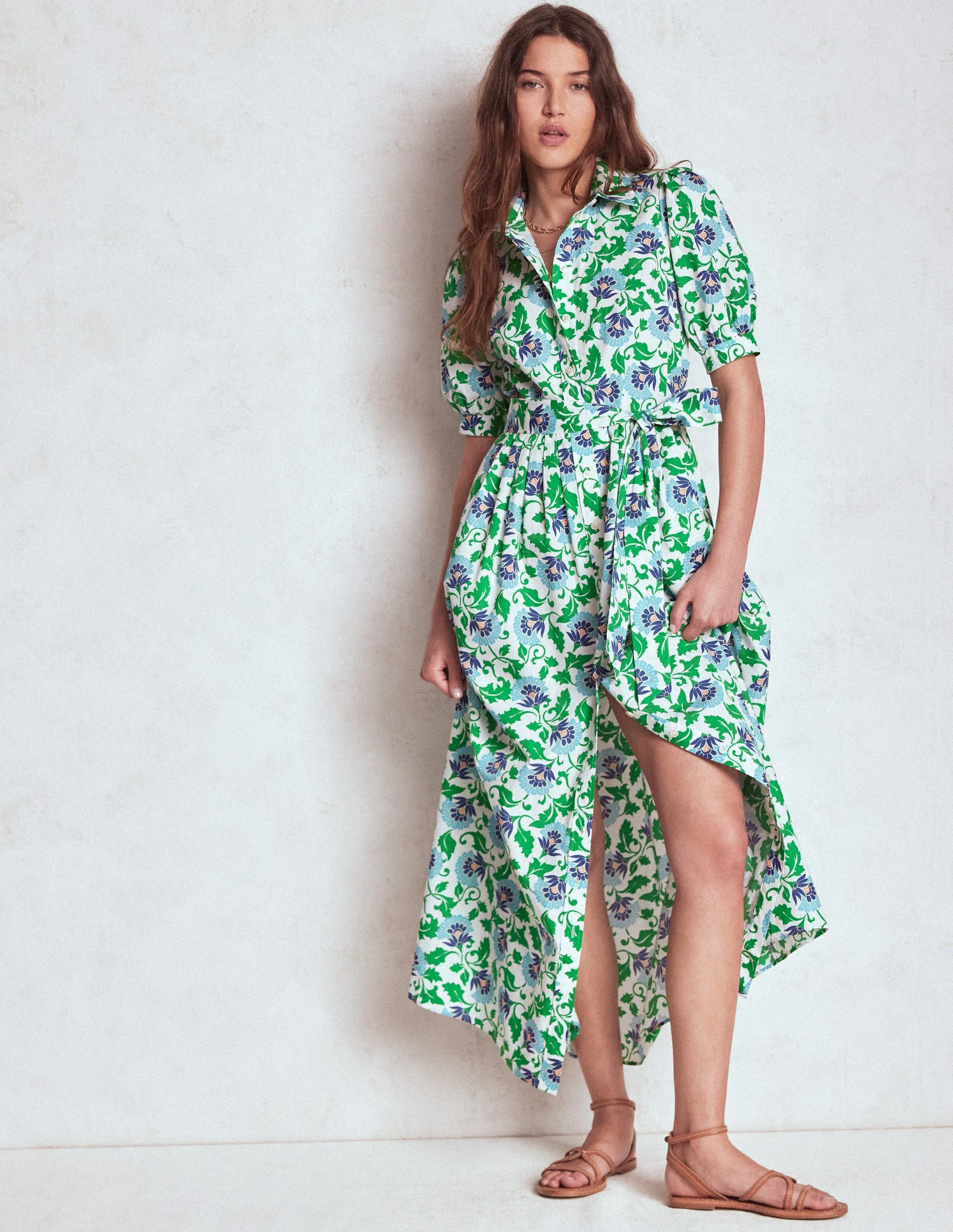 Alexa Maxi Shirt Dress-Rich Emerald, Ornate Vine - Image 5