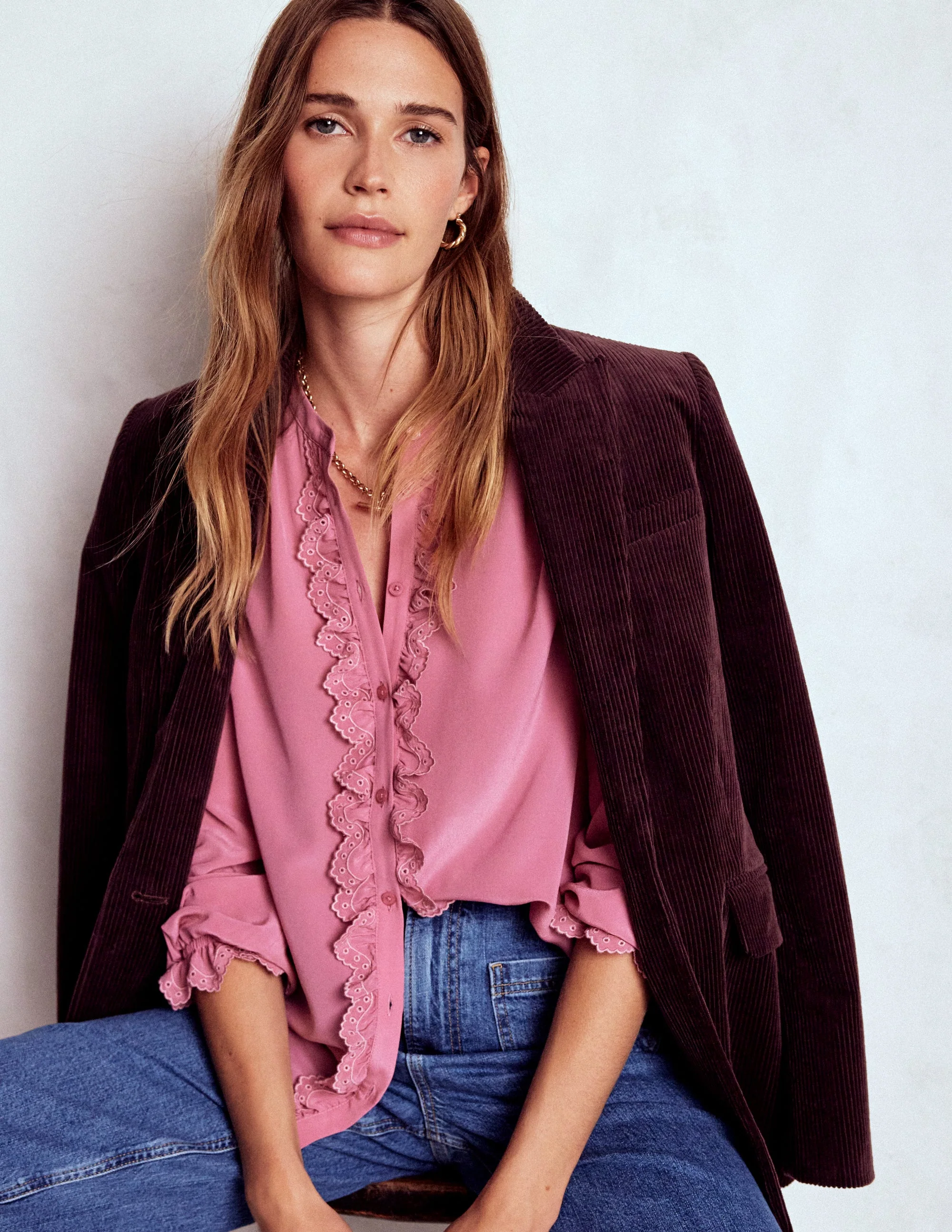 Alice Frill Front Silk Top-Pink Heather