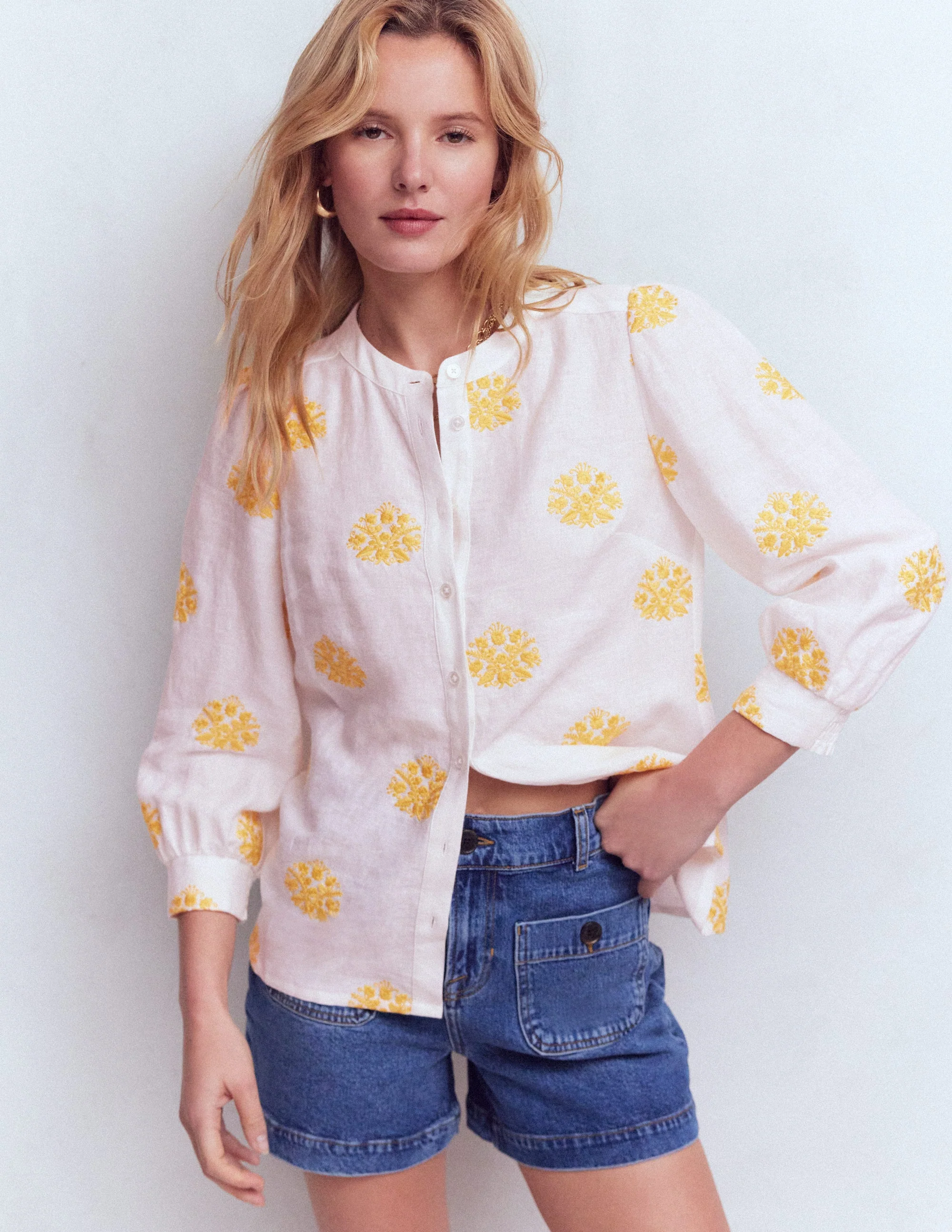 Alicia Linen Top-White, Floral embroidery