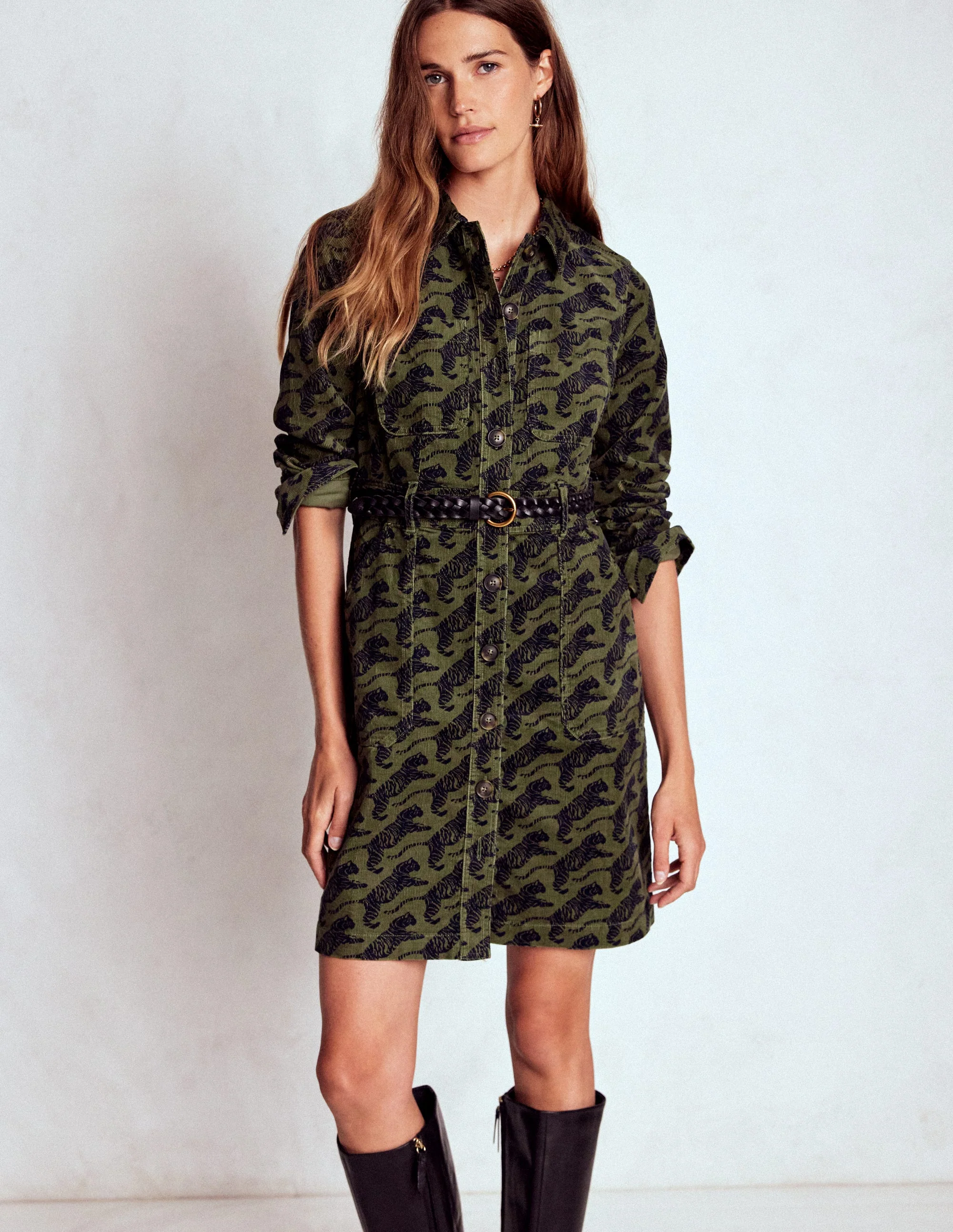 Amanda Cord Short Dress-Woodland Green, Leaping Tiger - Image 4