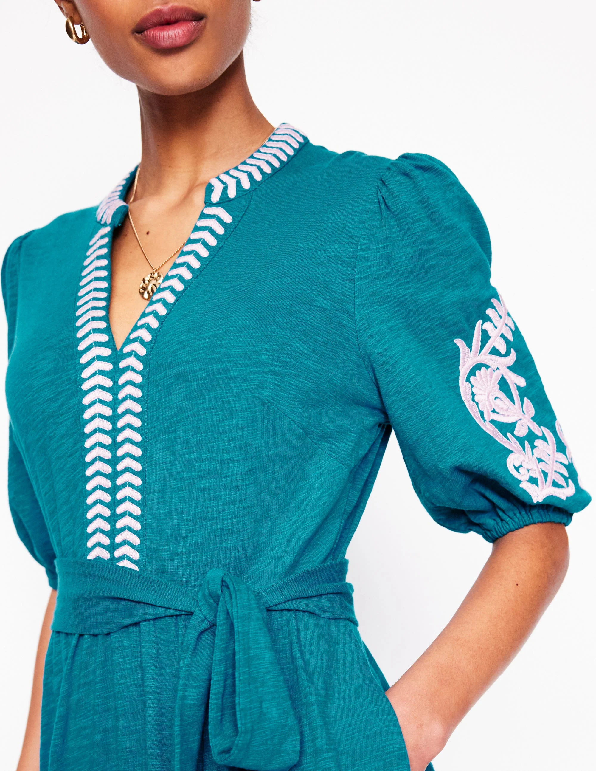 Amara Embroidered Jersey Dress-Deep Sea, Meadowsweet Pink - Image 2