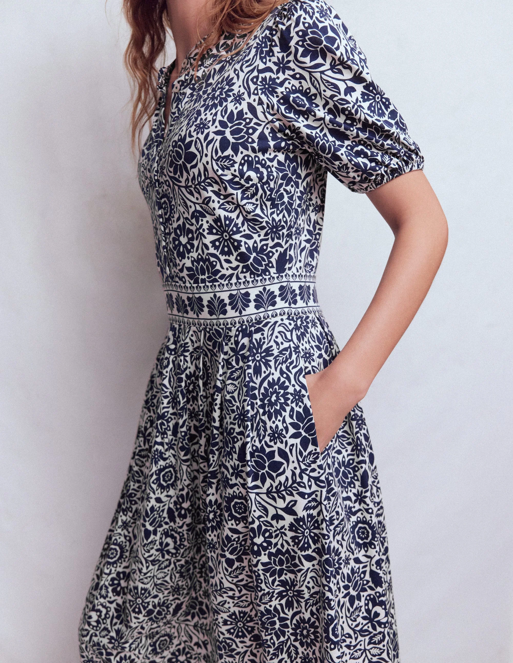 Amber Pleat Jersey Midi Dress-Navy, Meadow Scatter - Image 2