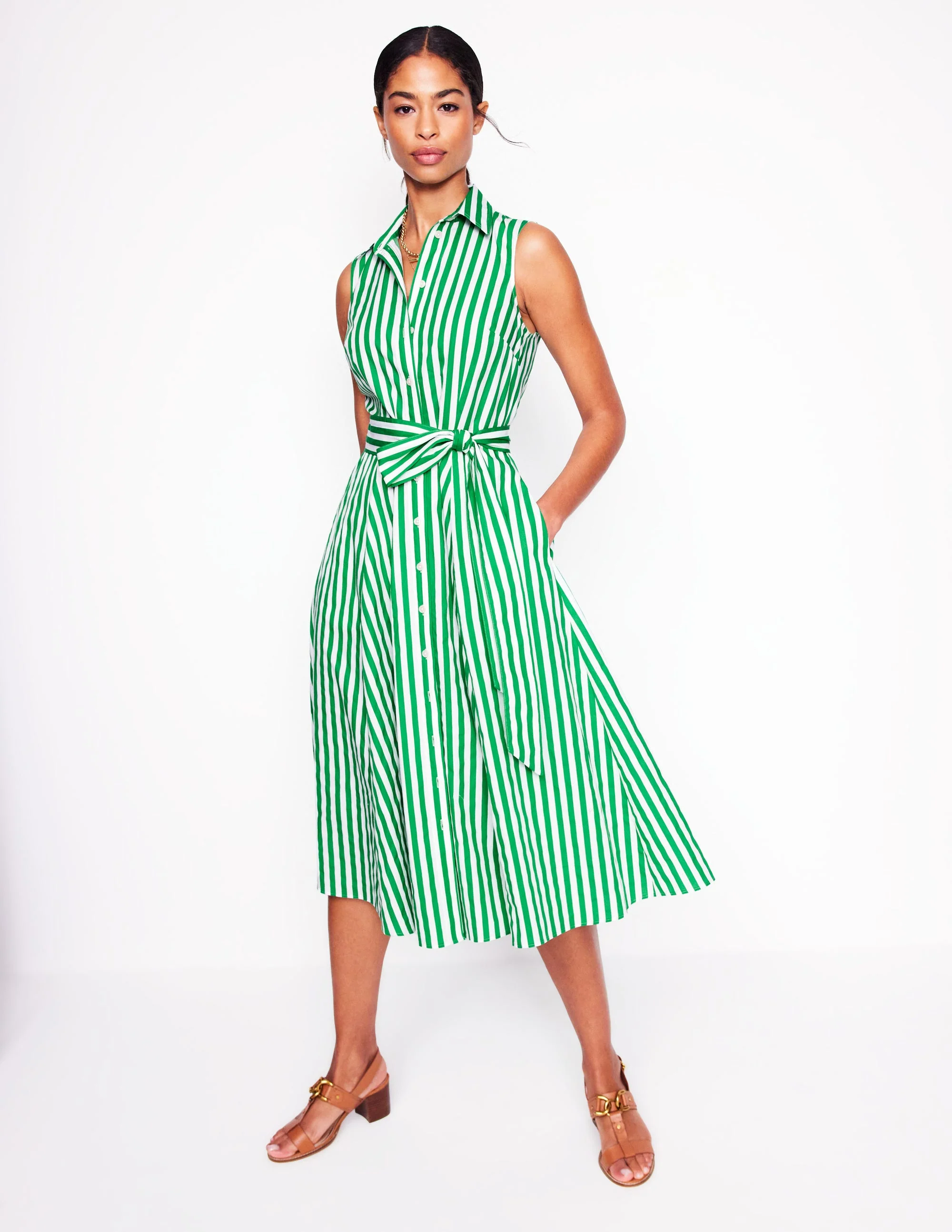 Amy Sleeveless Shirt Dress-Rich Emerald Stripe - Image 4
