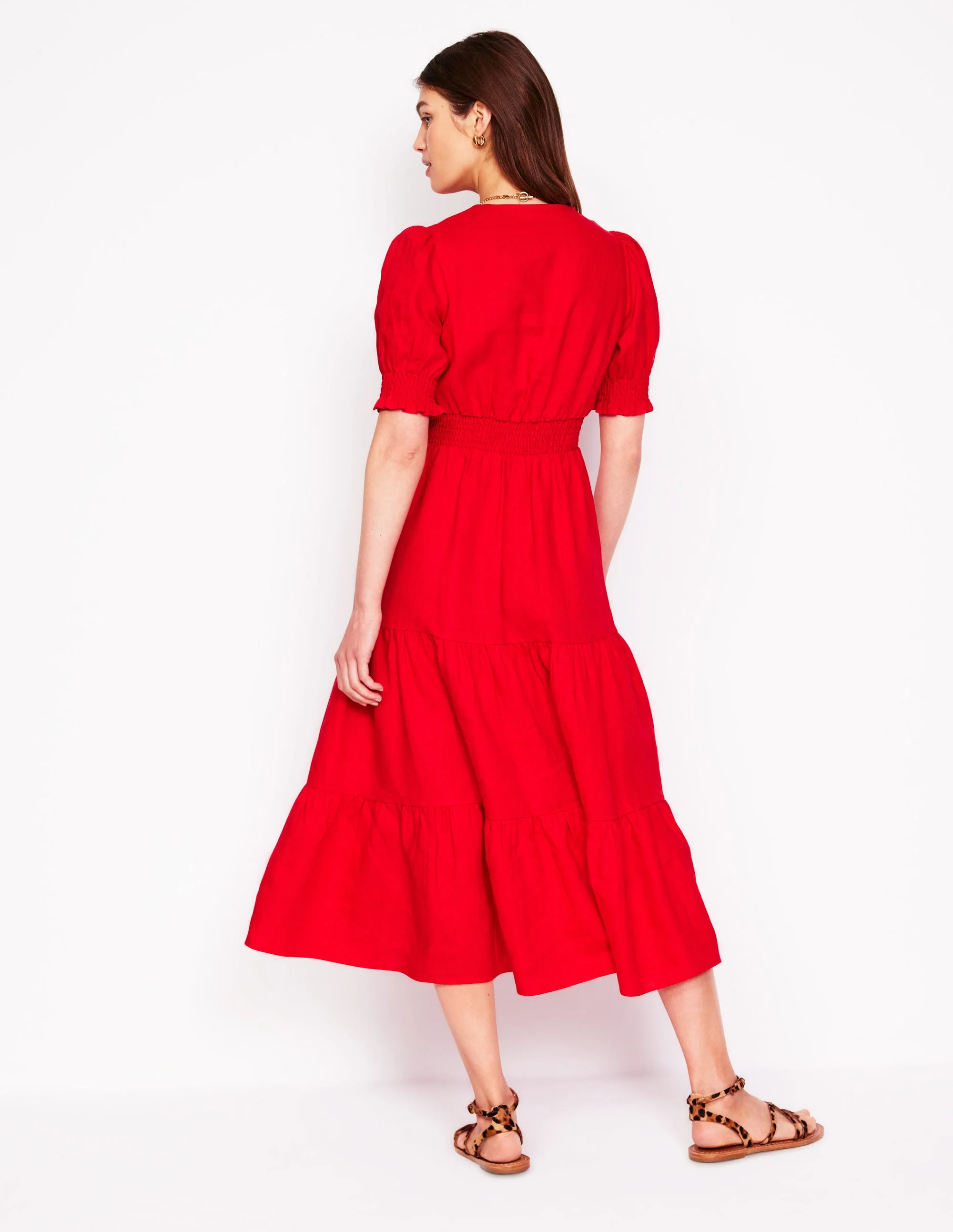 Anna Linen Tiered Midi Dress-Poppy Red - Image 3
