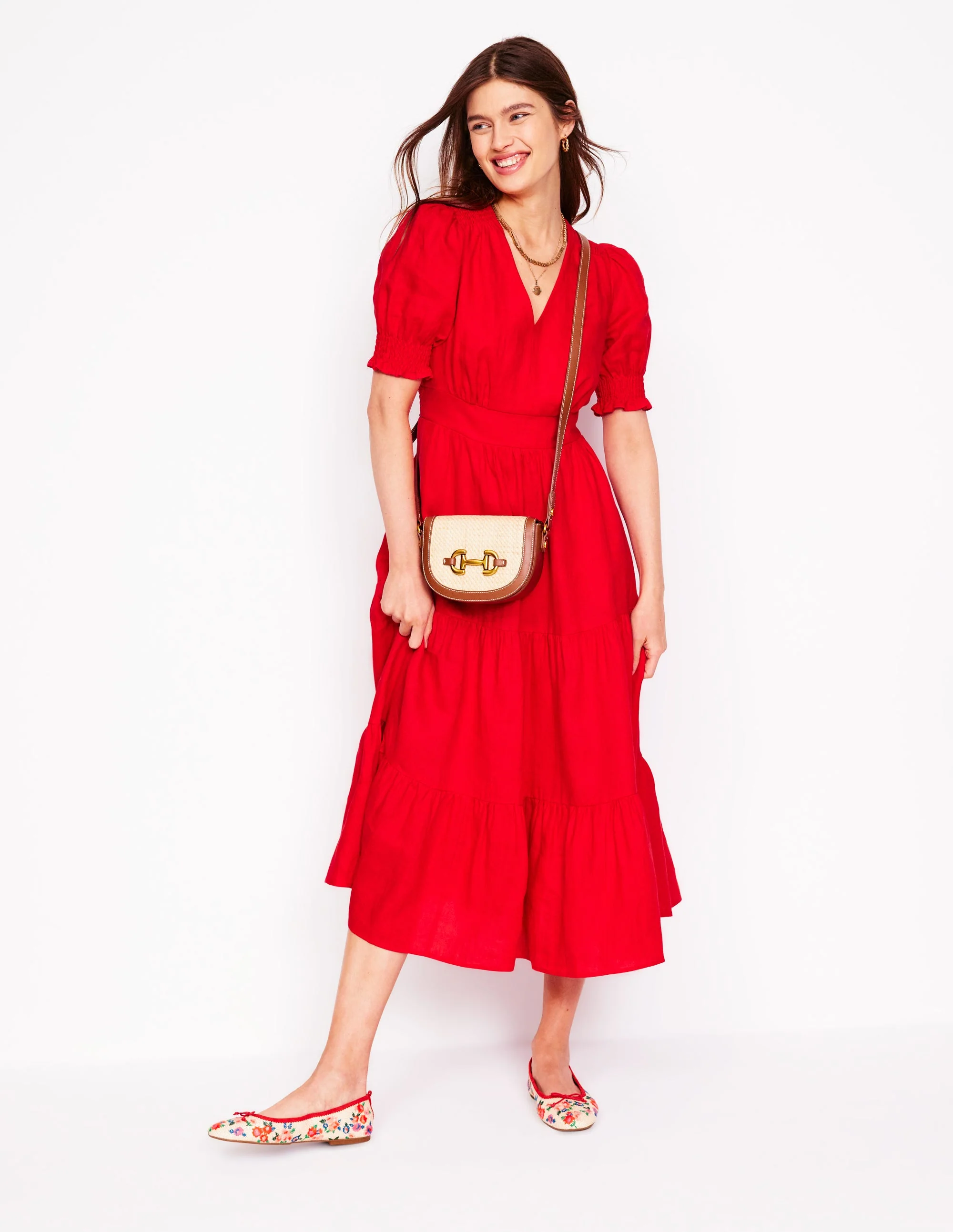Anna Linen Tiered Midi Dress-Poppy Red - Image 6