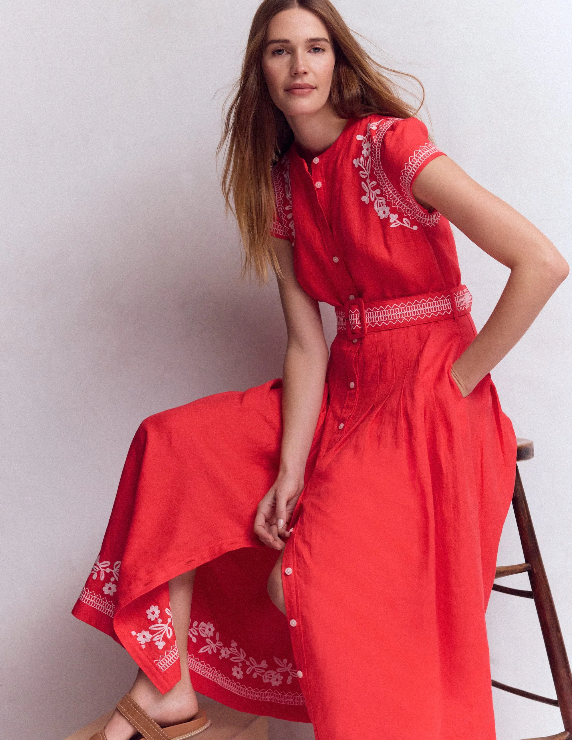 Arabella Linen Blend Dress-Red Embroidery - Image 2