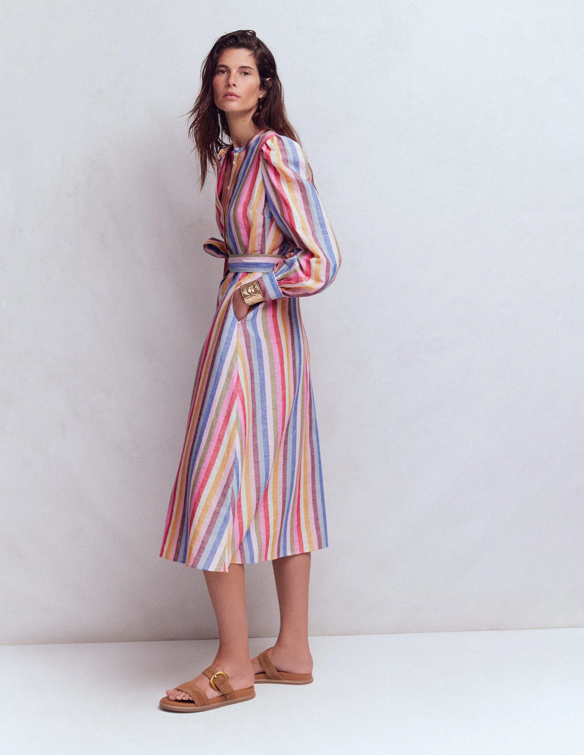 Ava Linen Blend Midi Dress-Pink, Green, Purple Multi - Image 4