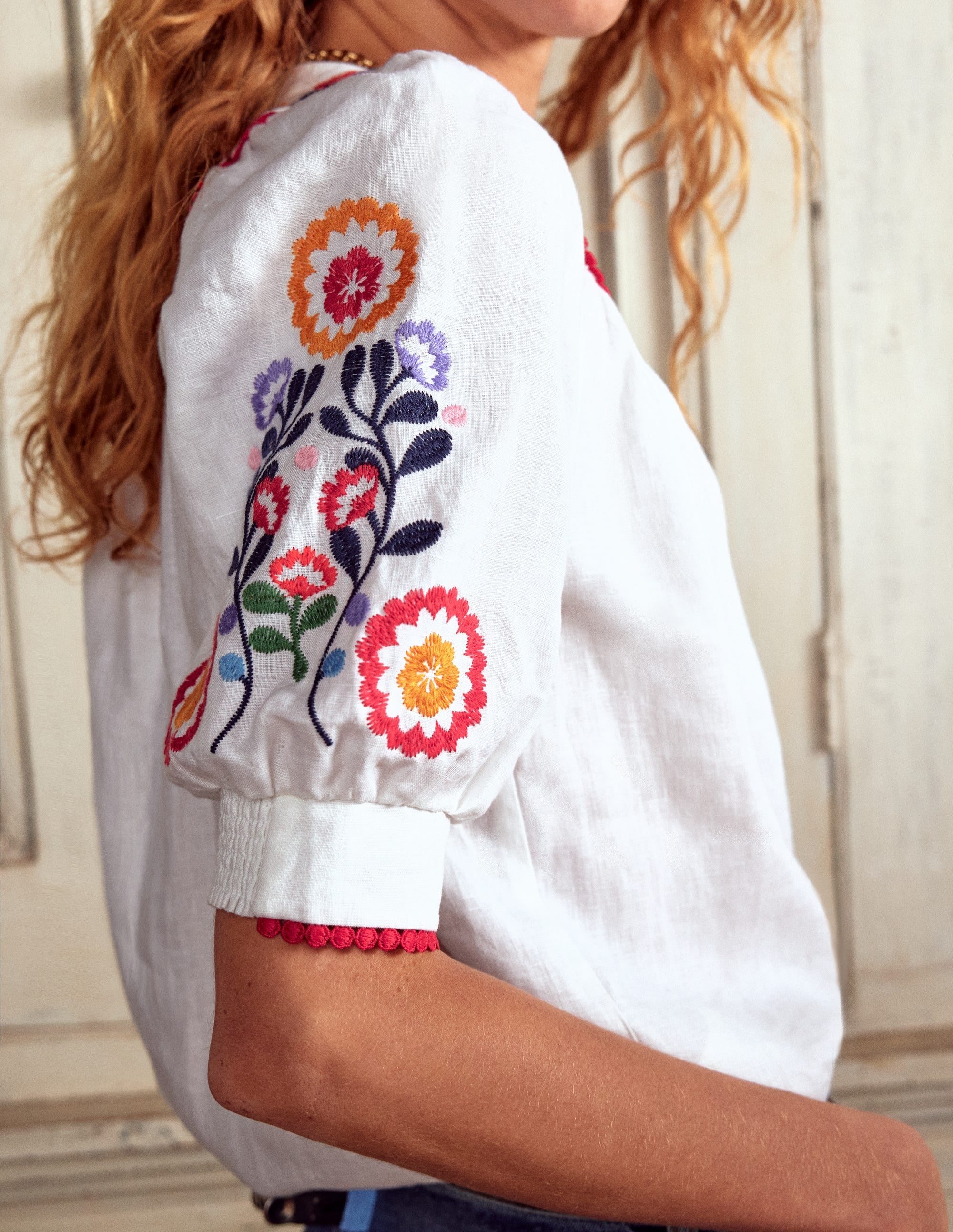 Bea Linen Top-White, Embroidery - Image 2
