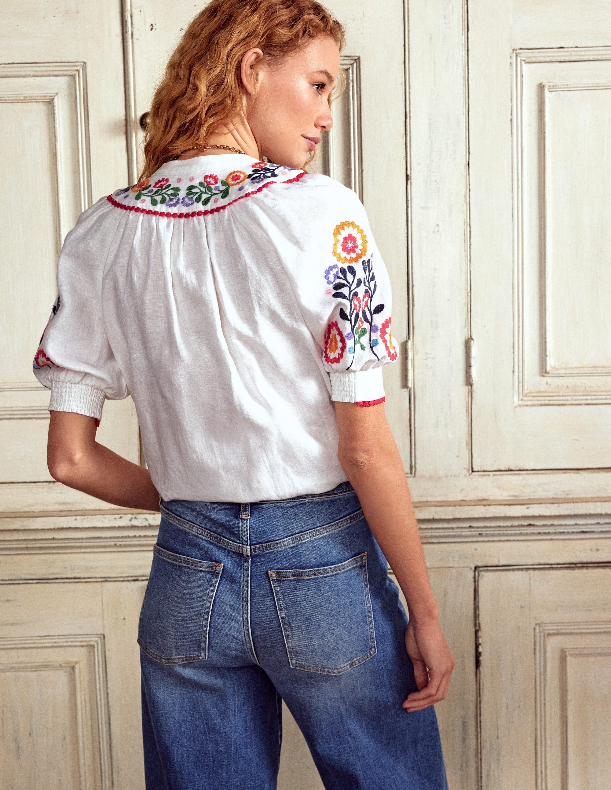 Bea Linen Top-White, Embroidery - Image 3
