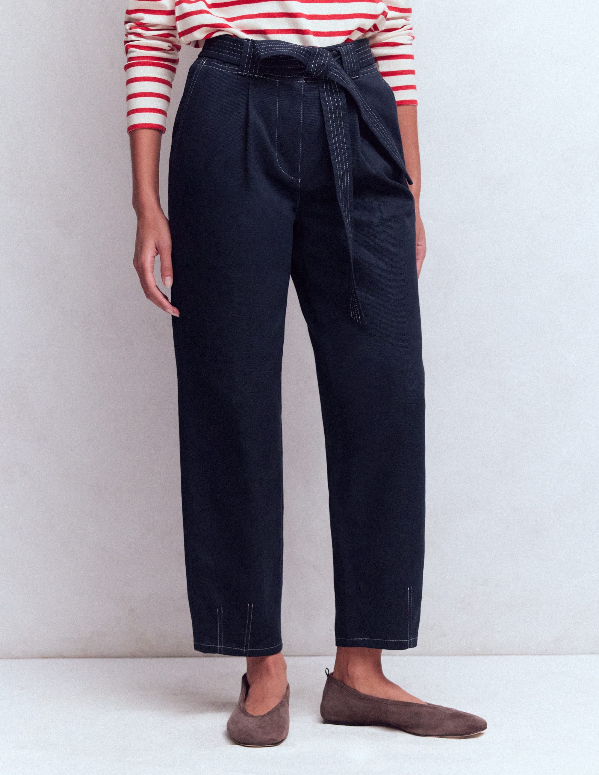 Belted Barrel Leg Trousers-Navy - Image 4