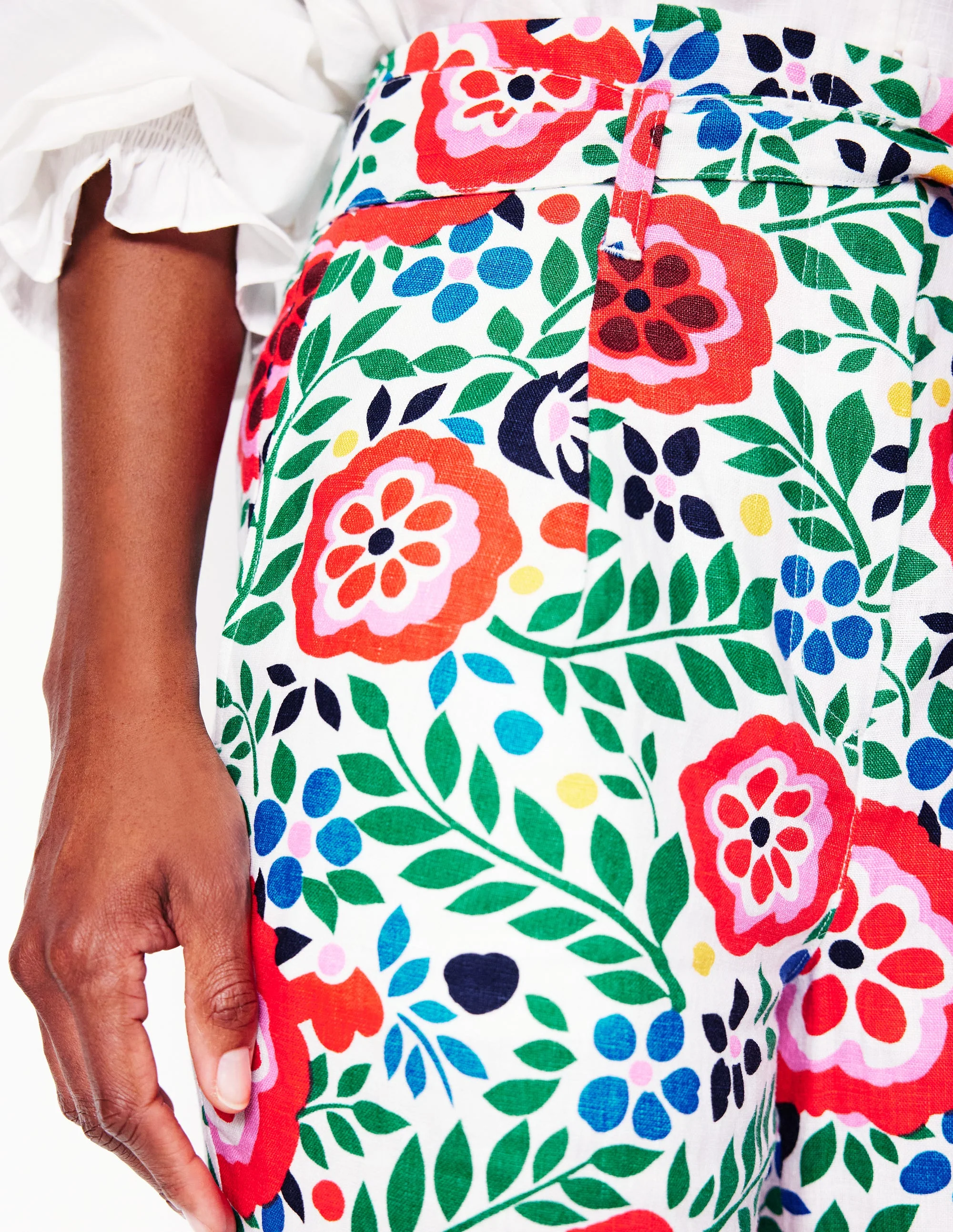 Belted Linen Trousers-Multi, Foliage Scatter - Image 2