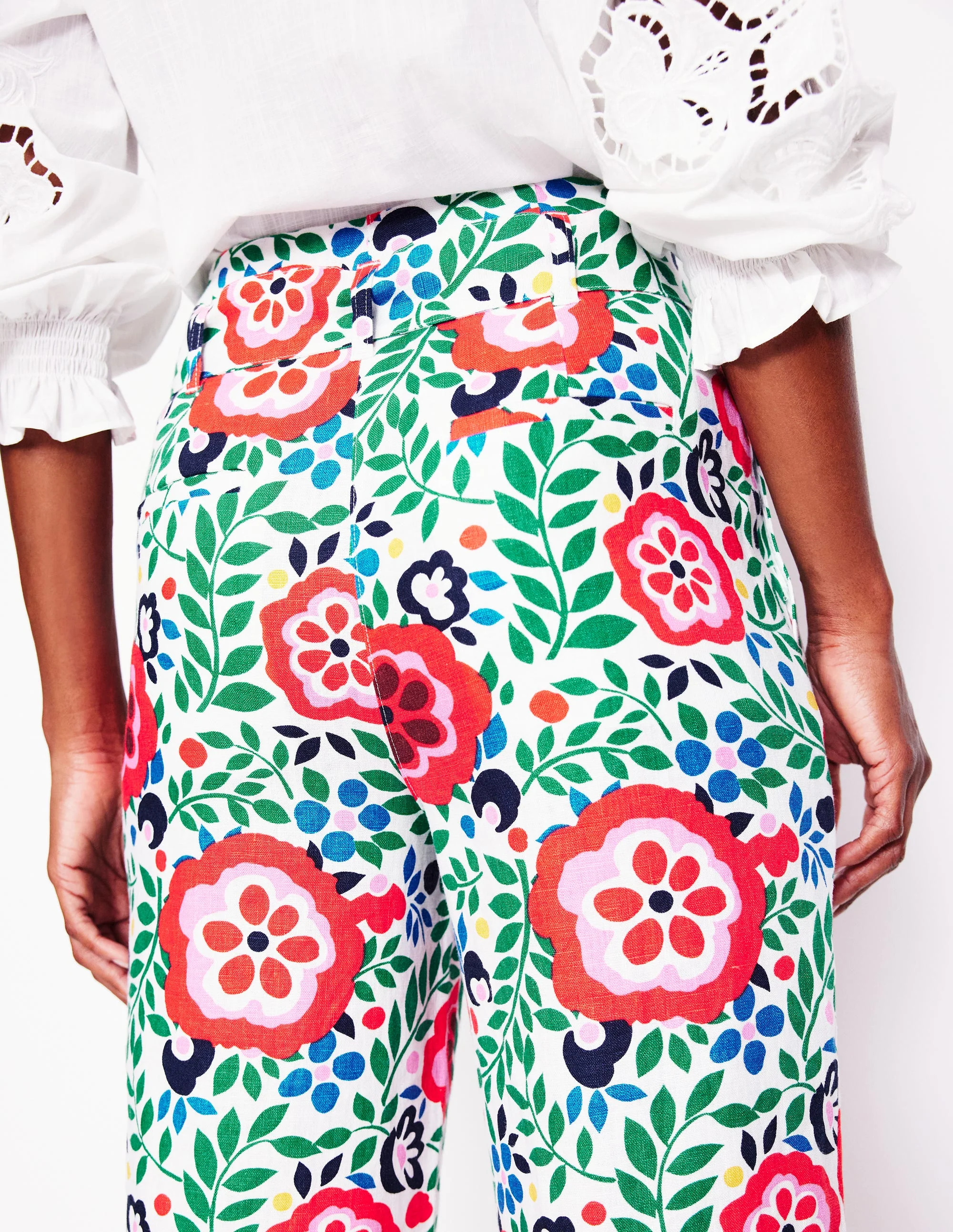 Belted Linen Trousers-Multi, Foliage Scatter - Image 3