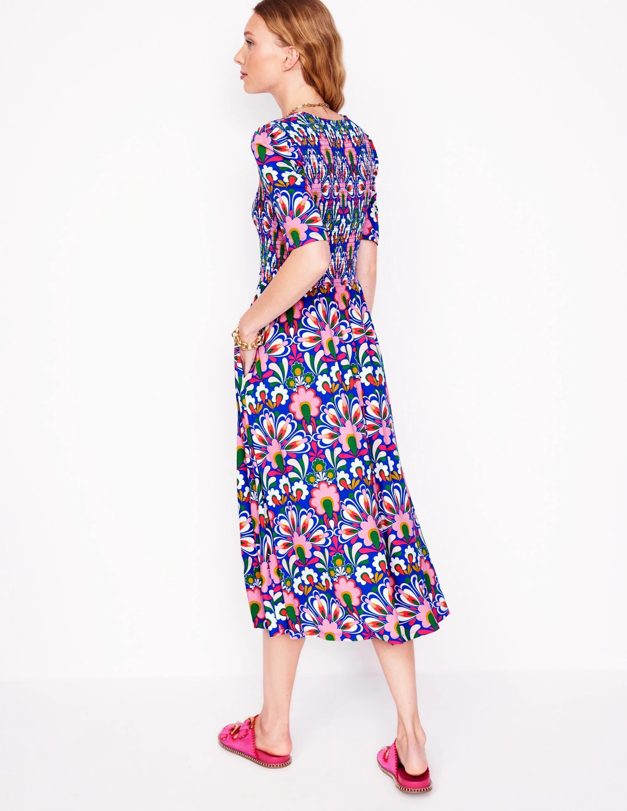 Bethany Smocked Jersey Dress-Gallery Blue, Dandelion - Image 4