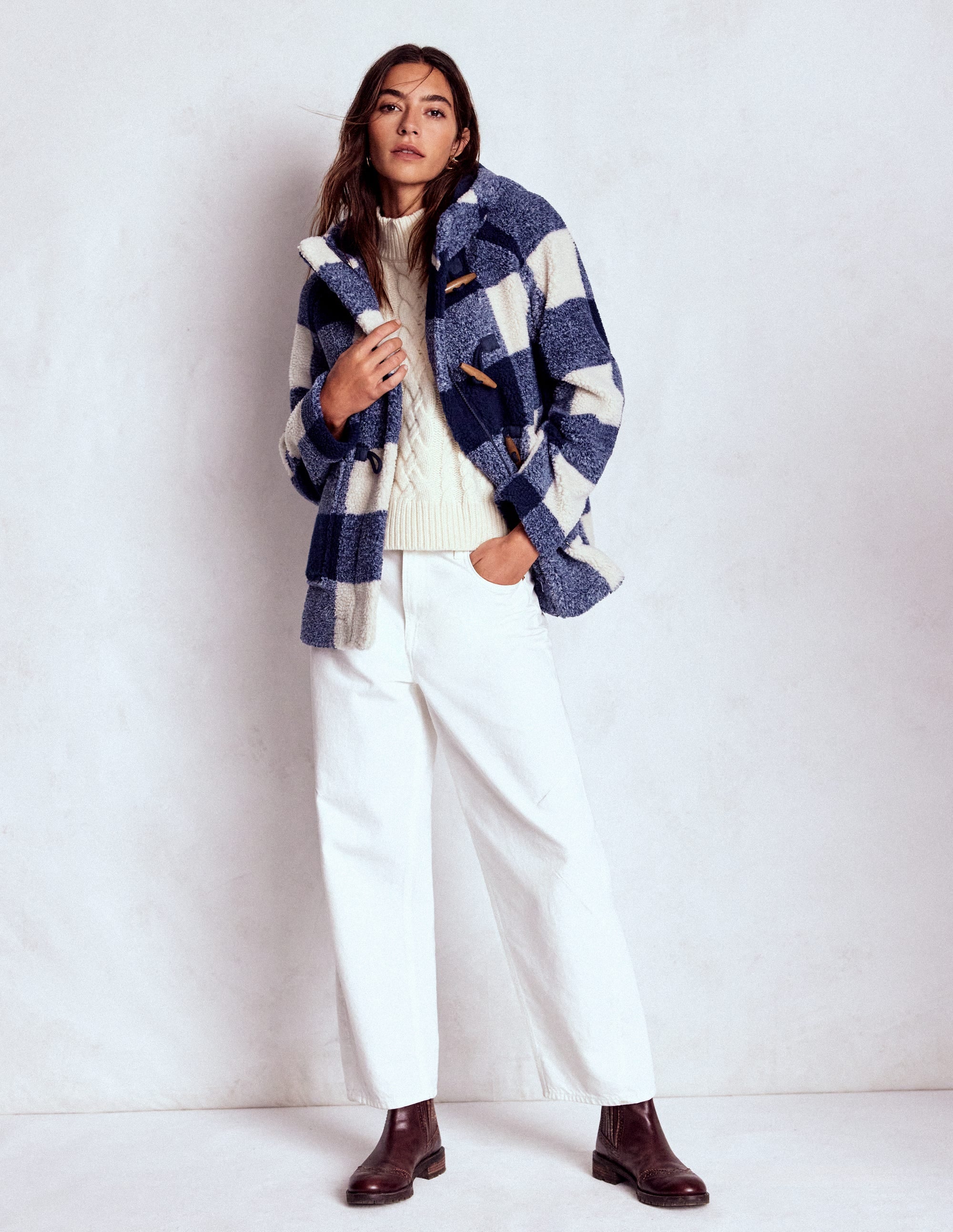 Borg Duffle Coat-College Navy Gingham - Image 4