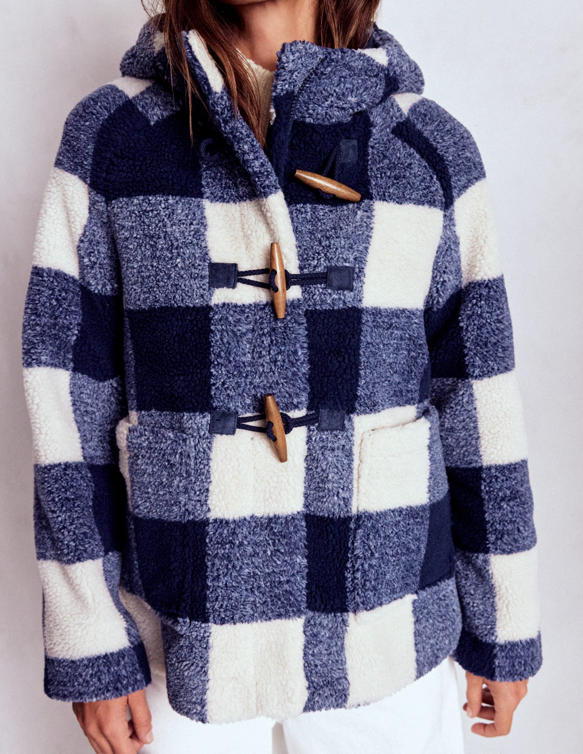 Borg Duffle Coat-College Navy Gingham - Image 5