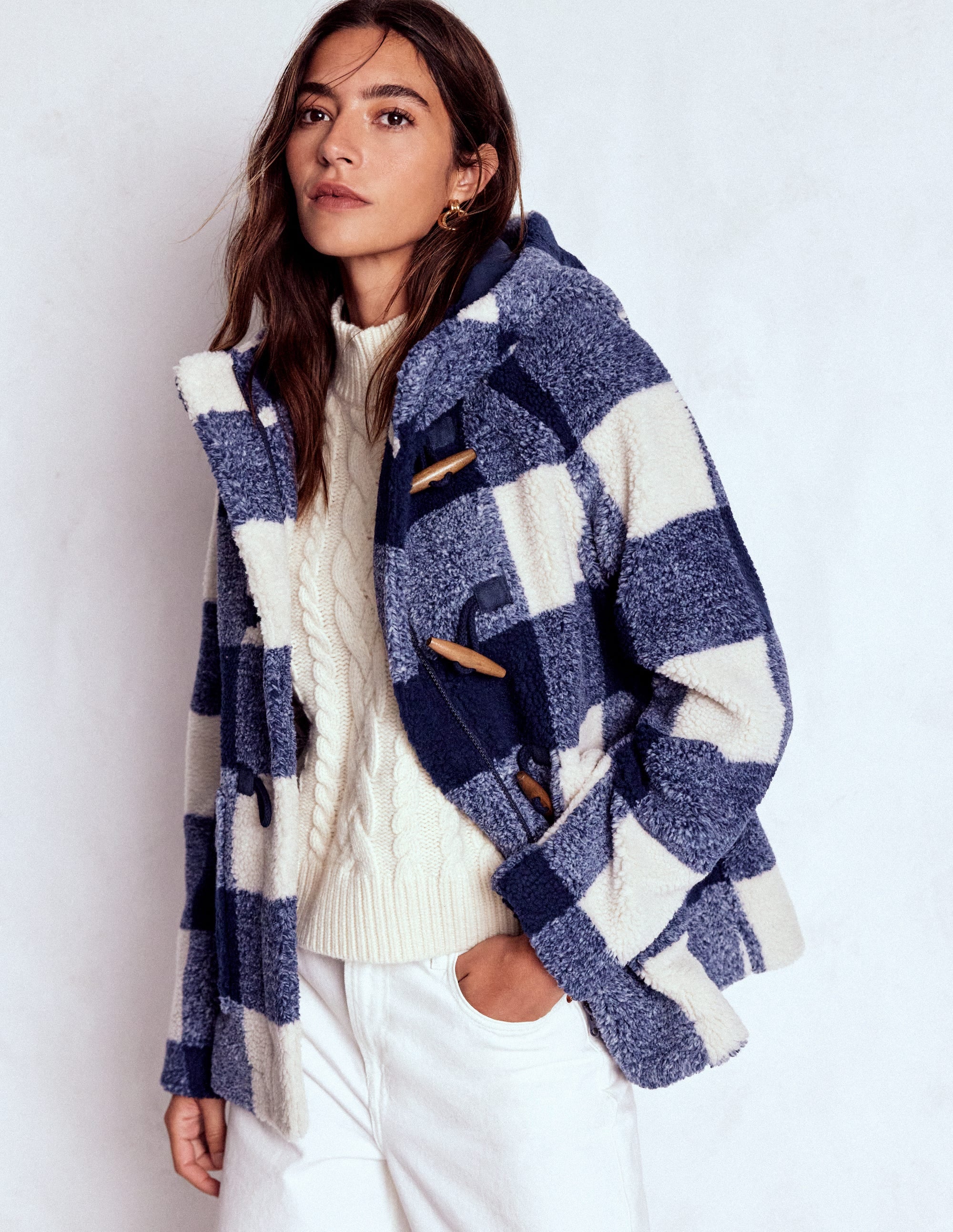 Borg Duffle Coat-College Navy Gingham - Image 6