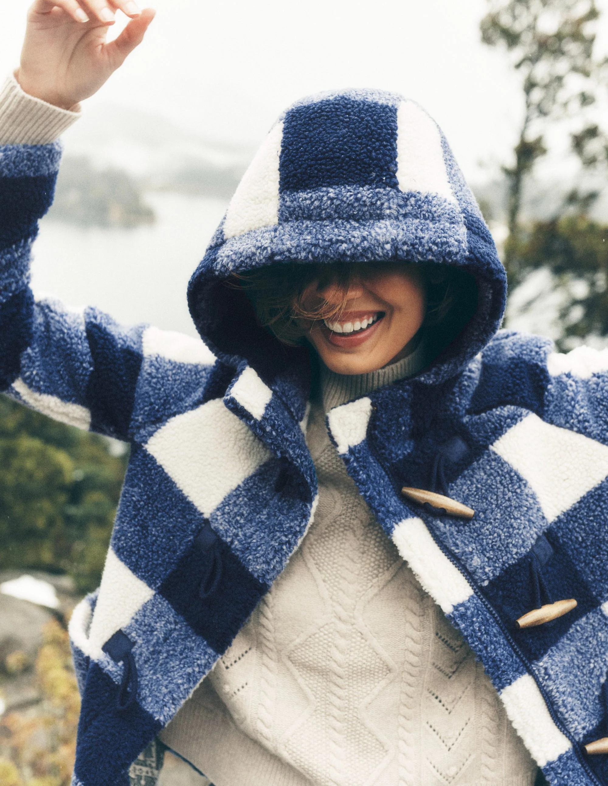 Borg Duffle Coat-College Navy Gingham - Image 7