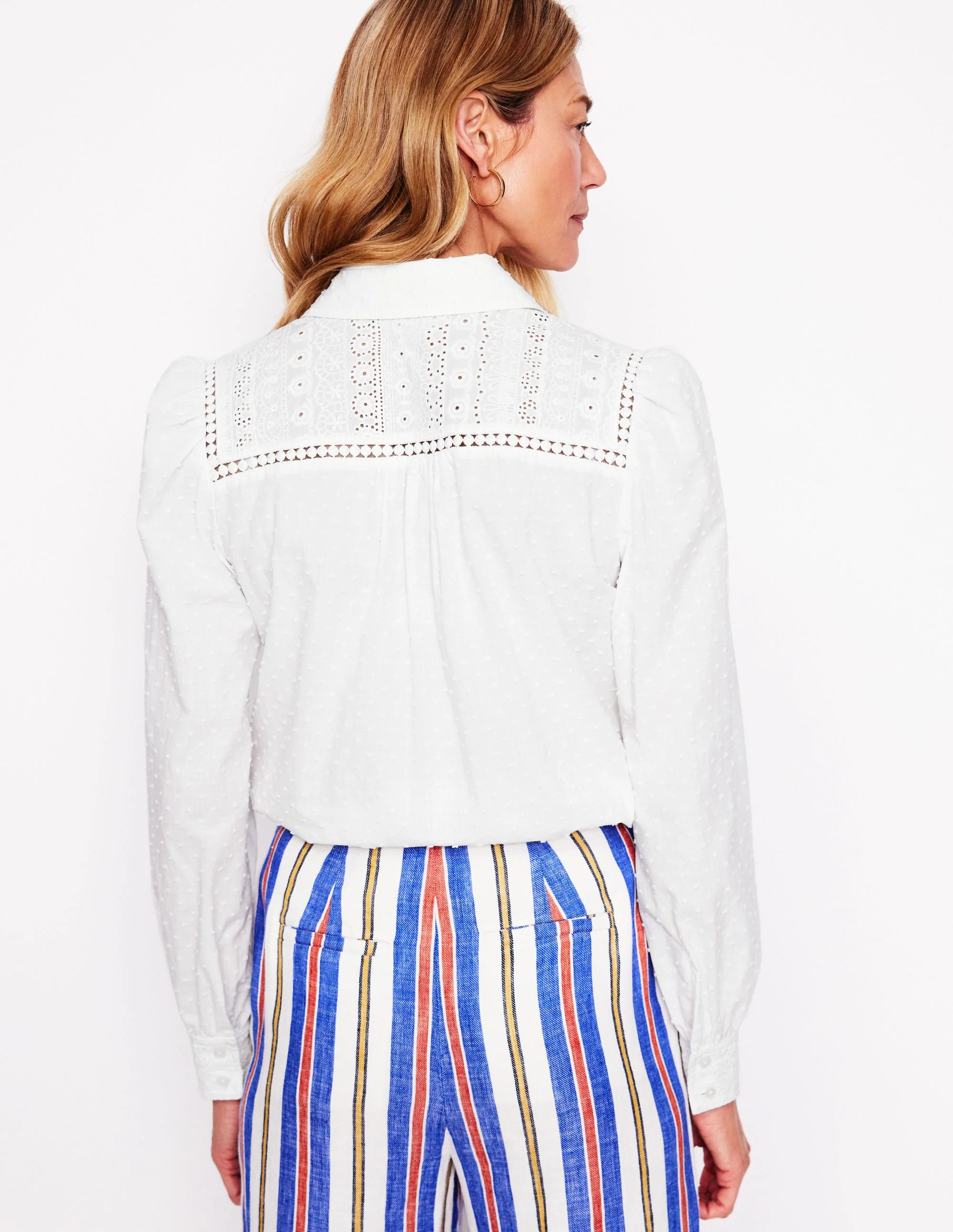 Broderie Contrast Yoke Shirt-White - Image 3